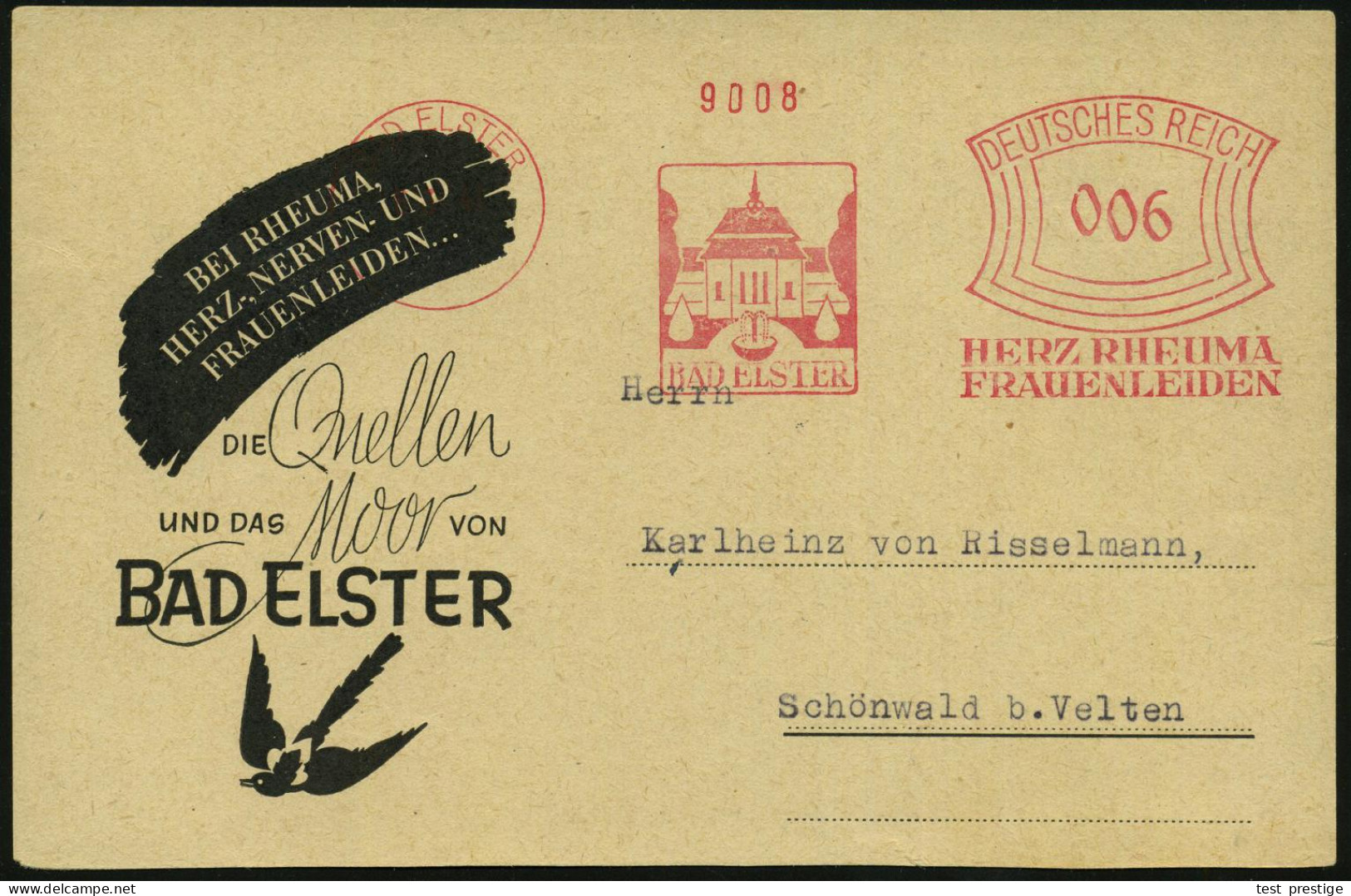 BAD ELSTER/ HERZ RHEUMA/ FRAUENLEIDEN 1941 (6.3.) Dekorativer AFS Francotyp (Brunnenhaus, Brunnen) Dekorative Reklame-Kt - Medizin