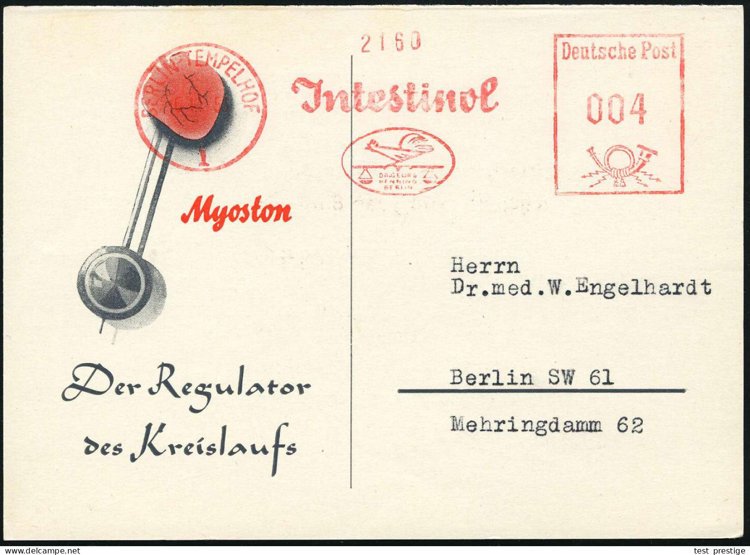 BERLIN-TEMPELHOF/ 1/ Jntestinol.. 1953 (16.11.) AFS (Logo: Hahn Auf Waage) Color-Reklame-Kt.: Myoston.. (Herz Als Uhr) O - Médecine