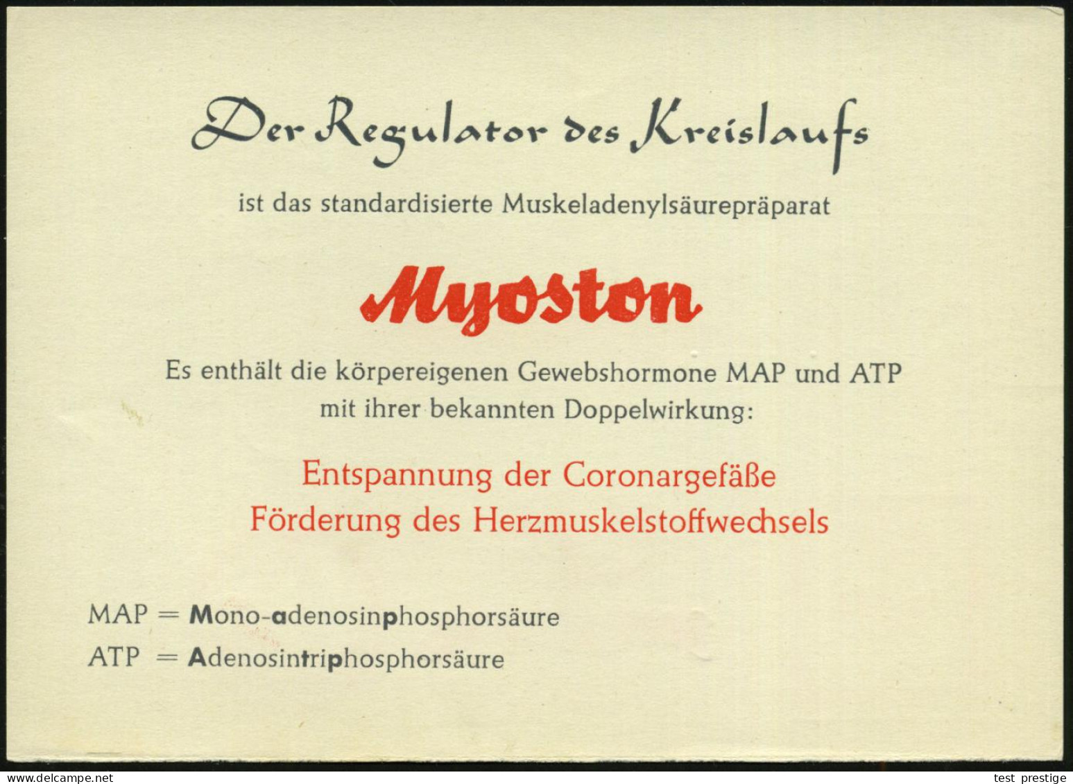 BERLIN-TEMPELHOF/ 1/ Jntestinol.. 1953 (16.11.) AFS (Logo: Hahn Auf Waage) Color-Reklame-Kt.: Myoston.. (Herz Als Uhr) O - Medizin