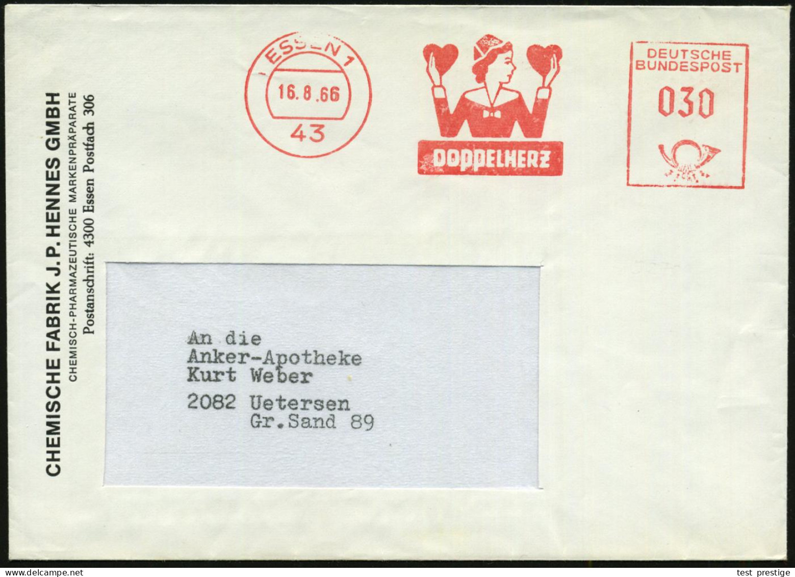 43 ESSEN/ DOPPELHERZ 1966 (16.8.) AFS = Frau Hält 2 Herzen = Pharma-Fabrik Hennes GmbH (rs. Klappenriß) Firmen-Bf. (Dü.E - Médecine