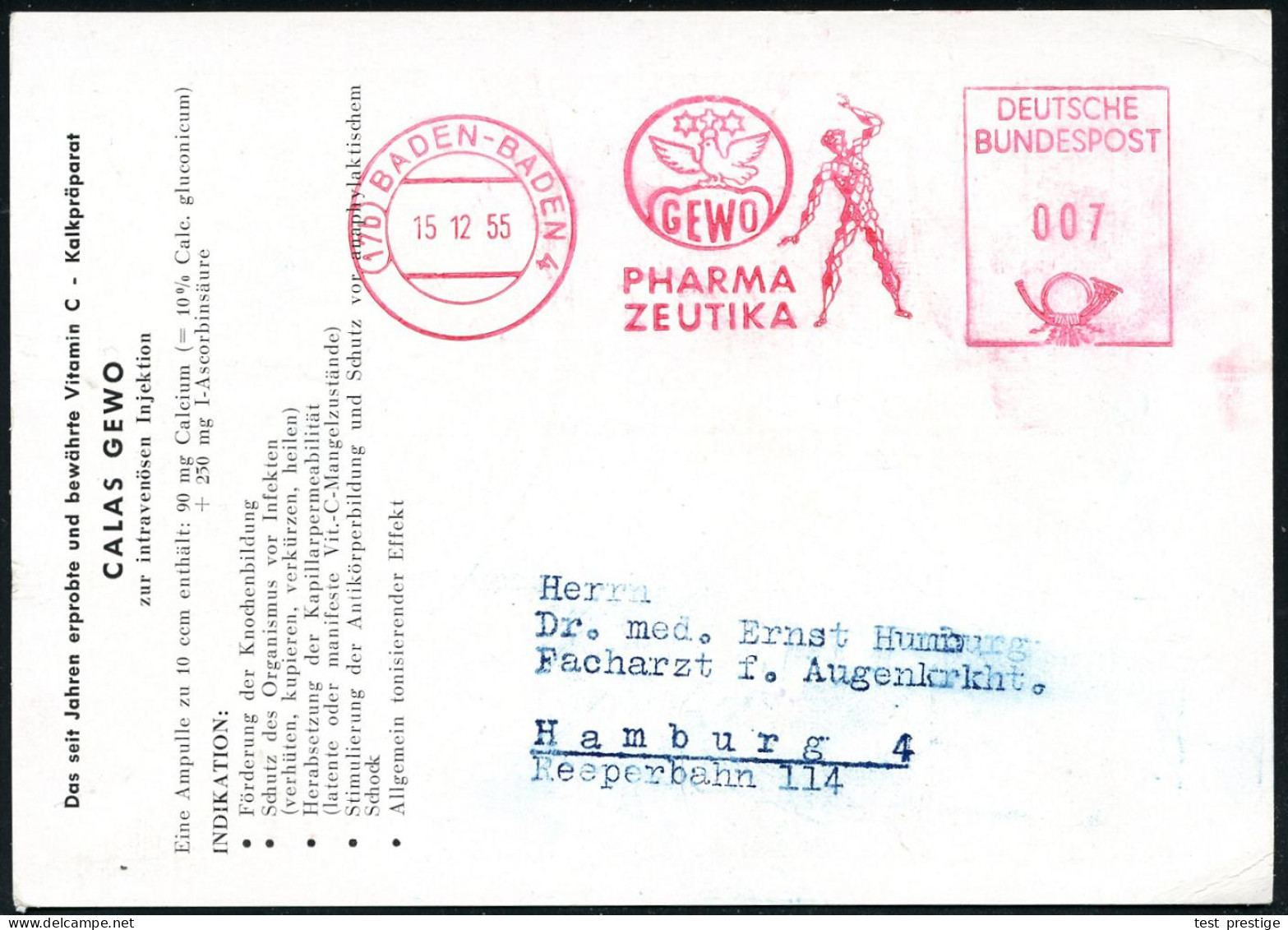 (17b) BADEN-BADEN 4/ GEWO/ PHARMA/ ZEUTIKA 1955 (15.12.) AFS Postalia = Anatomische Figur (u. Logo) Klar Auf Dekorativer - Sonstige