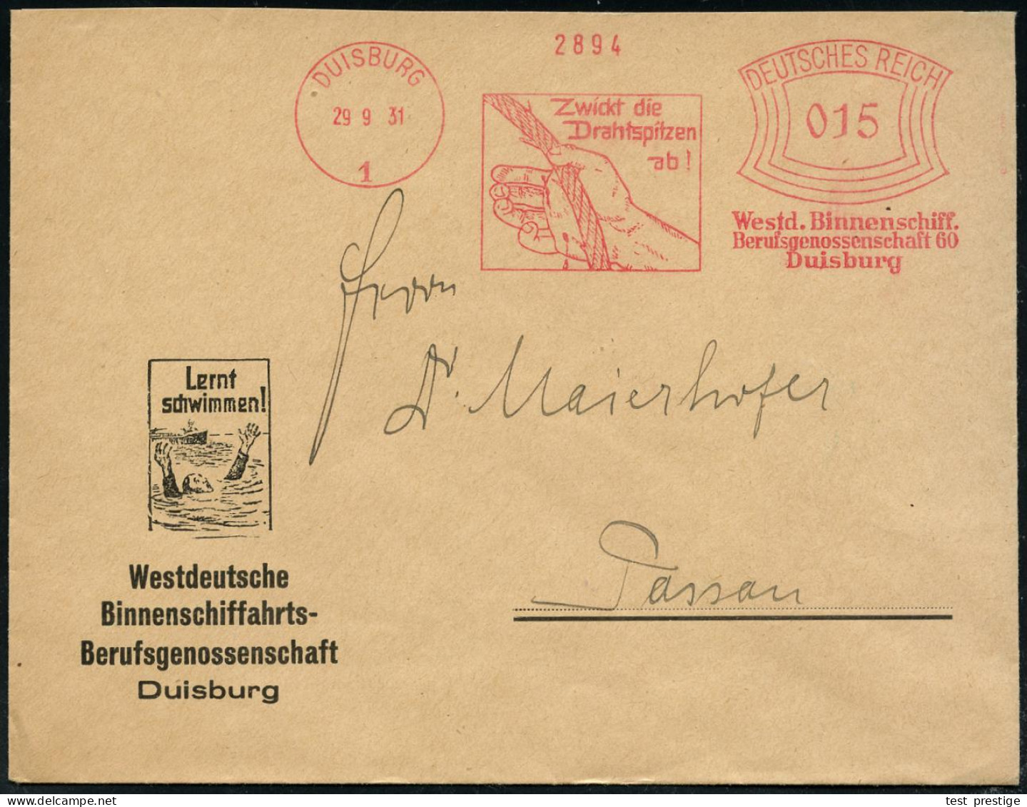 DUISBURG/ 1/ Zwickt Die/ Drahtspitzen/ Ab!/ Westd.Binnenschiff./ Berufsgenossenschaft.. 1931 (29.9.) Seltener U. Dekorat - Andere