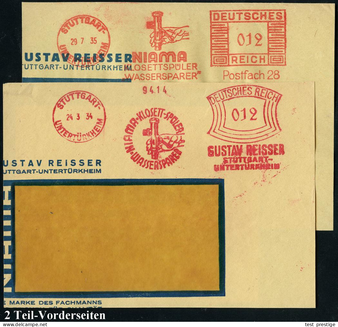 STUTTGART-/ UNTERTÜRKHEIM/ NIAMA-KLOSETT-SPÜLER/ WASSERSPAREN/ GUSTAV REISSER.. 1934/35 2 Ver-schiedene AFS Francotyp "B - Other