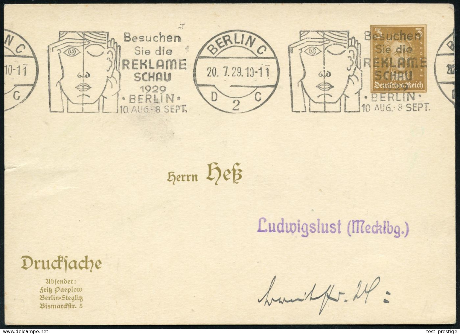 BERLIN C/ D2C/ ..REKLAME/ SCHAU/ ..10.AUG.-8.SEPT. 1929 (20.7.) Band-MWSt (Gesicht Mit Betonung Von  A U G E  Und Ohr) A - Krankheiten