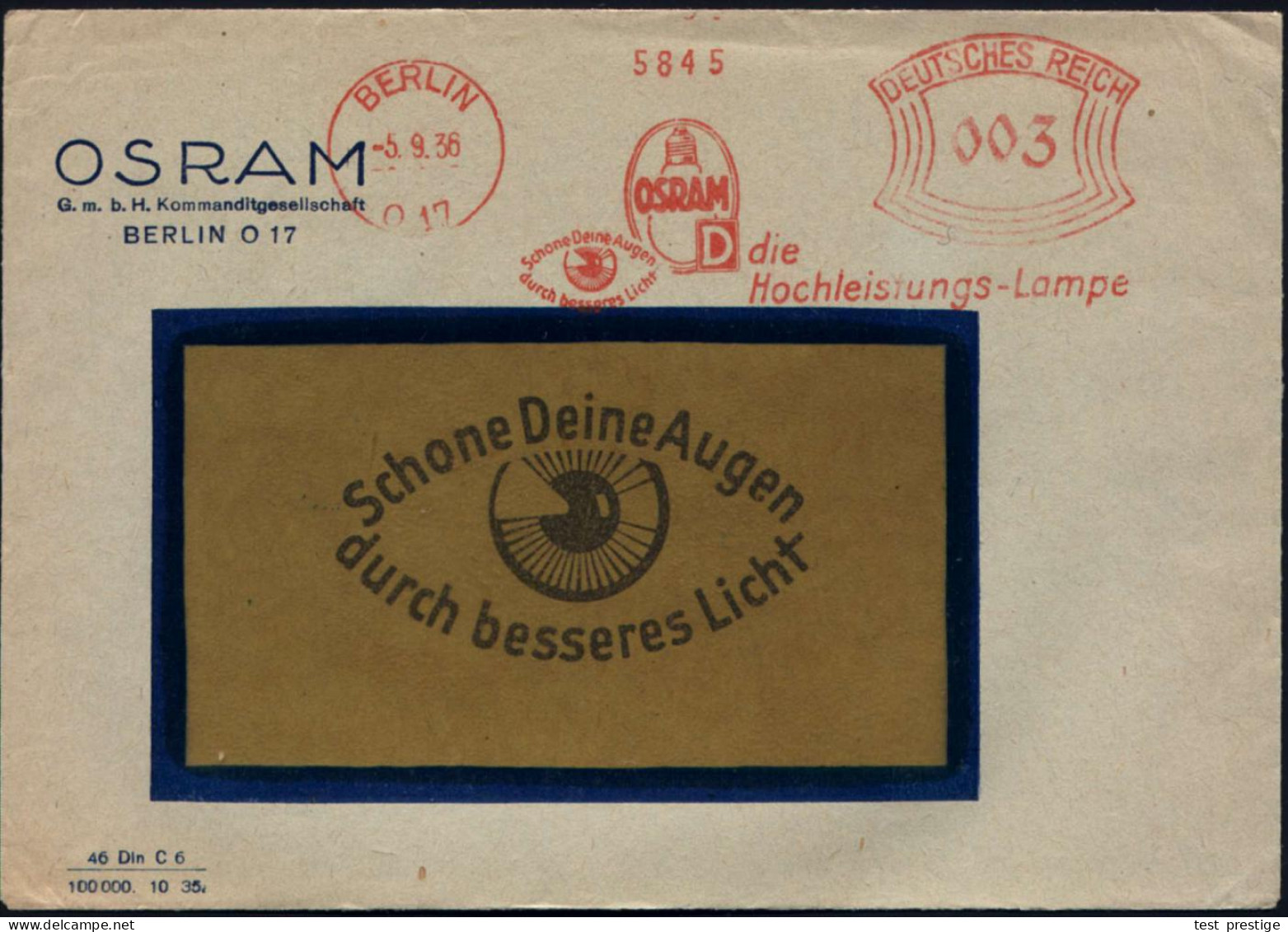 BERLIN/ O17/ Schone Deine Augen/ Durch Besseres Licht/ OSRAM/ D/ Die/ Hochleistungs-Lampe 1936 (5.9.) AFS = Auge (u. Glü - Maladies