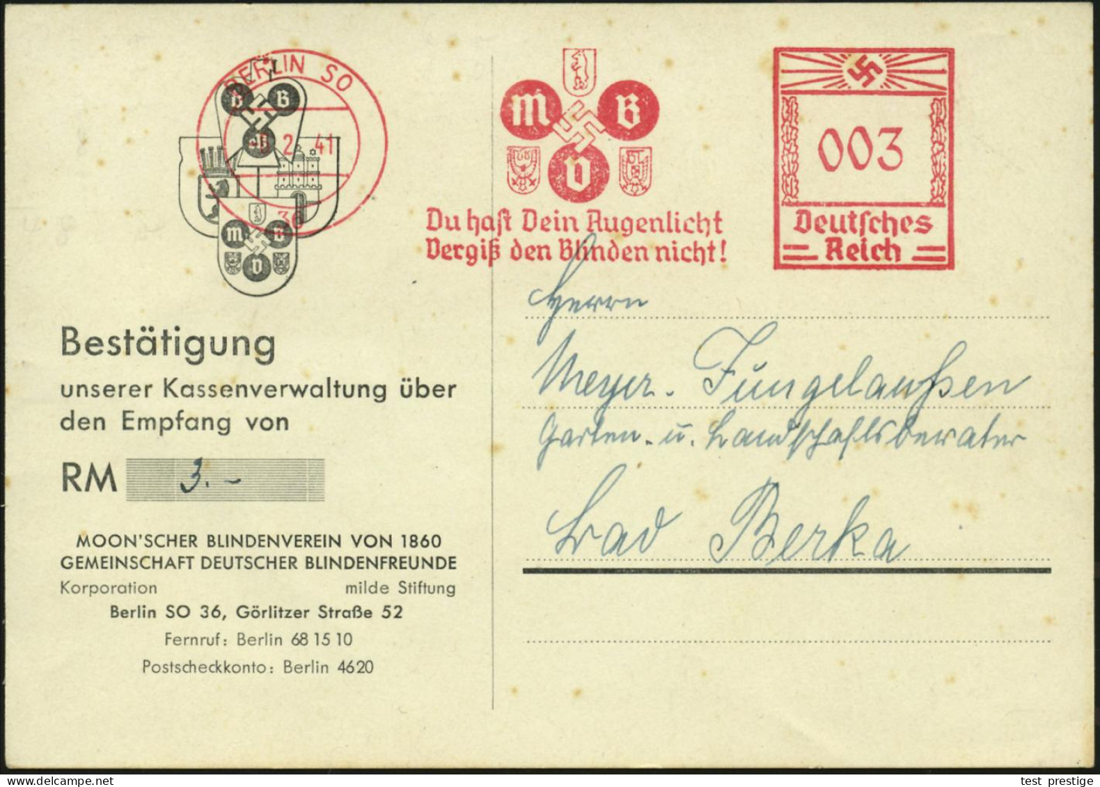BERLIN SO/ 36/ MBV/ Du Hast Dein Augenlicht!/ Vergiß Die Blinden Nicht! 1939 (15.2.) AFS Francotyp = M Oon'scher Blinden - Maladies
