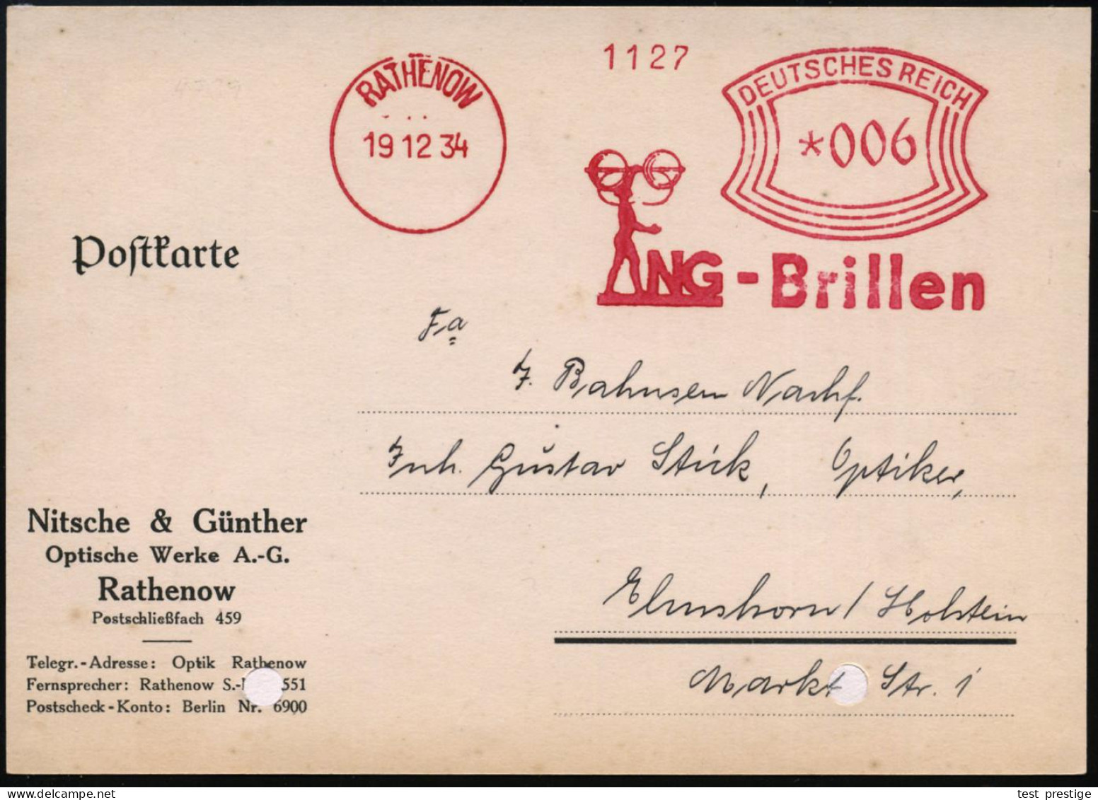 RATHENOW/ NG-Brillen 1934 (19.12.) AFS Francotyp = Athlet Stemmt Riesenbrille (unten Reg.-Lochung Geschl.) Firmen-Kt: Ni - Enfermedades