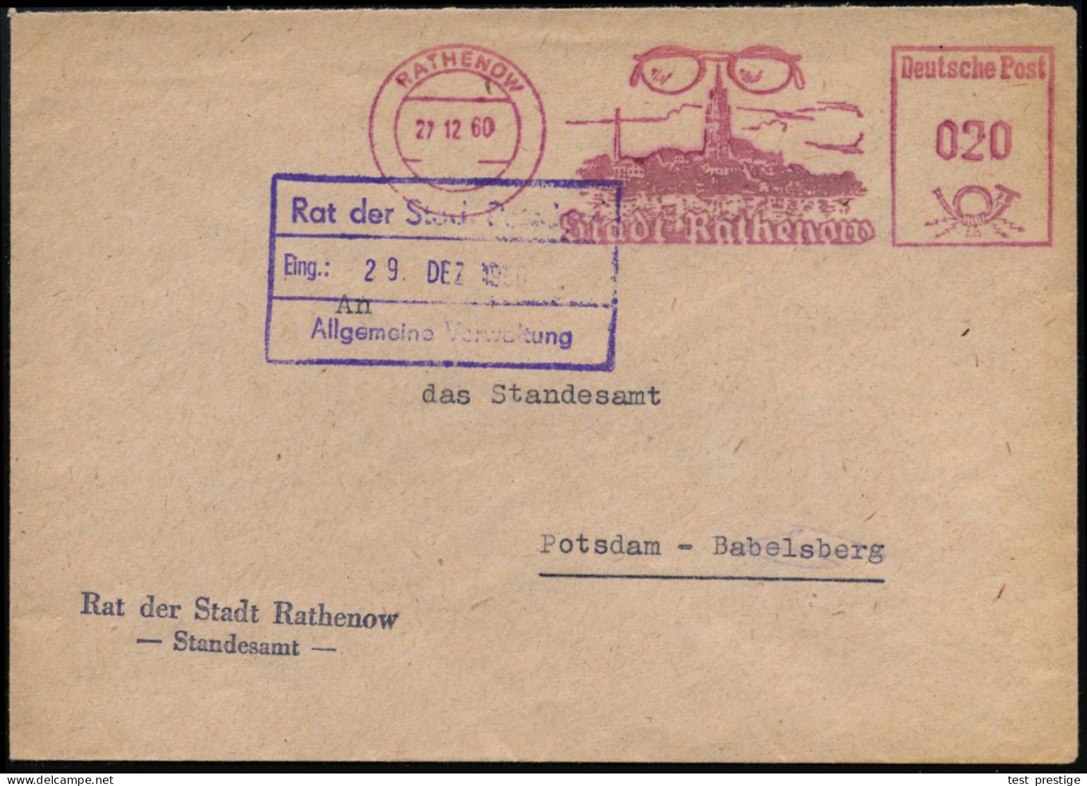 RATHENOW/  Stadt Rathenow 1960 (27.12.) AFS = Große Brille (über Stadtbild Mit Dom) Kommunal-Bf.: Rat Der Stadt.. (Dü.E- - Maladies