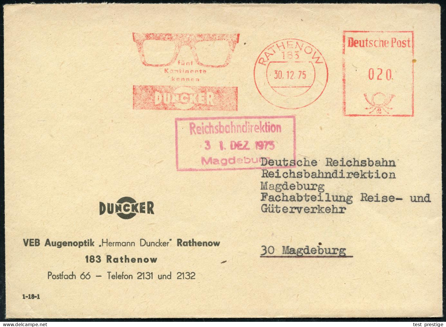 183 RATHENAU/ Fünf/ Kontinente/ Kennen/ DUNCKER 1975 (30.12.) AFS Postalia = Brille Auf Firmen-Bf.: VEB Augenoptik "Herm - Disease