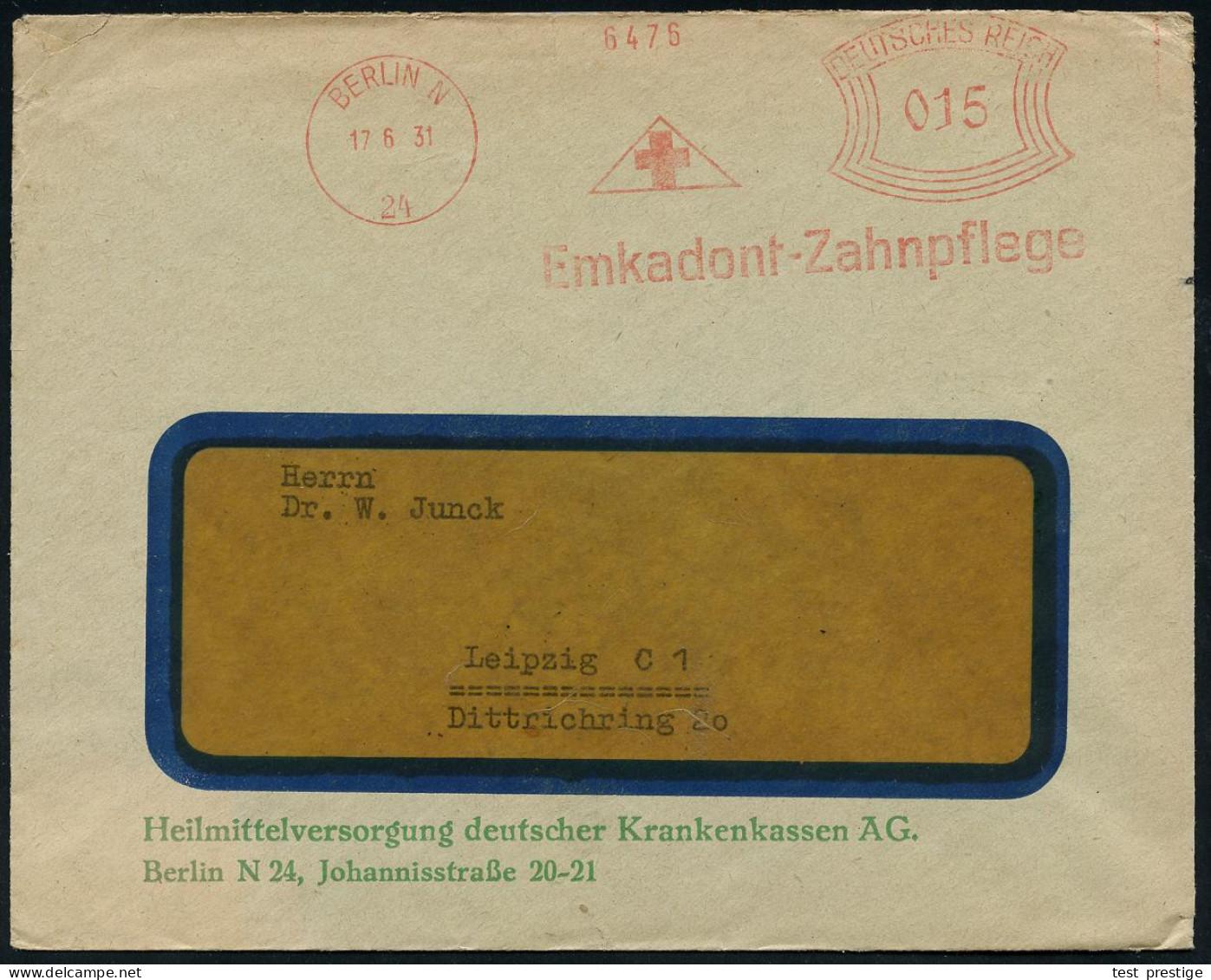 BERLIN N/ 24/ Emkadont-Zahnpflege 1931 (17.6.) AFS Francotyp (Dreieck Mit Rotem Kreuz) Firmen-Bf.: Heilmittelversorgung  - Medizin