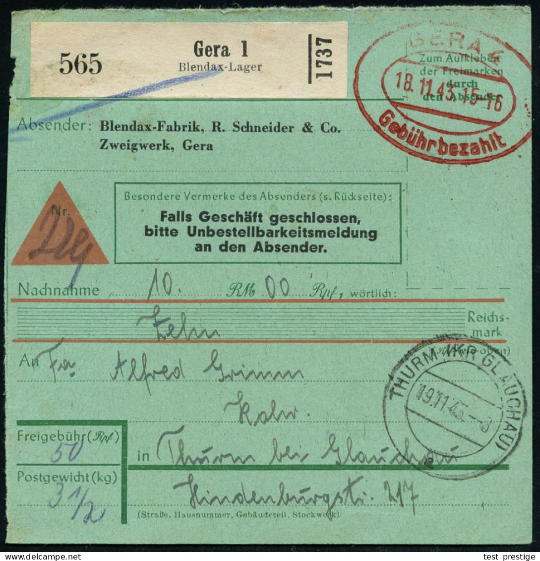 GERA 4/ Gebühr Bezahlt 1943 (18.11.) Doppeloval-PFS + Schw. Selbstbucher-Paketzettel: Gera 1/Blendax-Lager , Seltene, Gr - Médecine