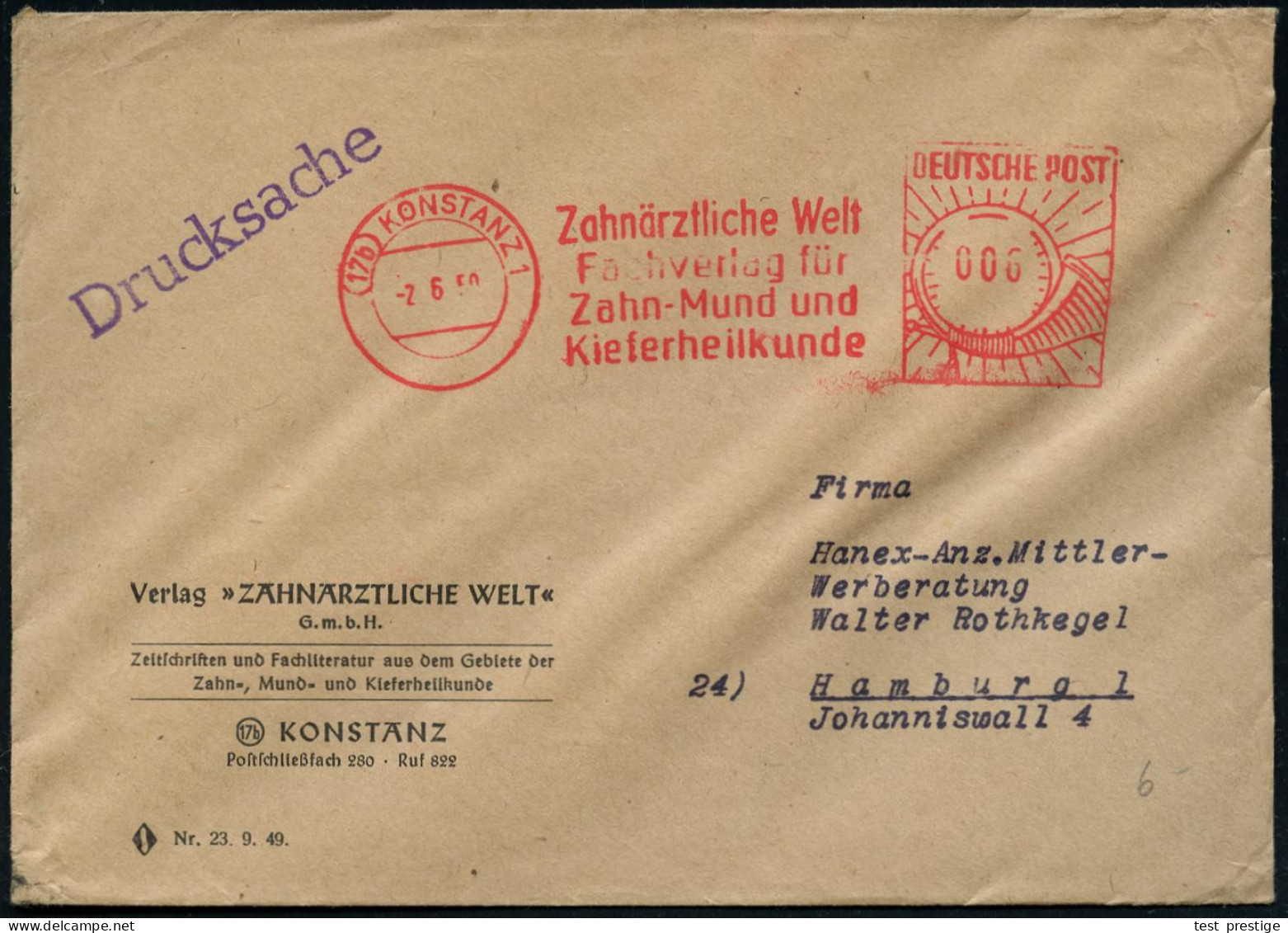 (17b) KONSTANZ 1/ Zahnärztliche Welt/ Fachverlag Für/ Zahn-Mund U./ Kiefernheilkunde 1950 (2.6.) AFS Postalia "Gr. Posth - Medicine