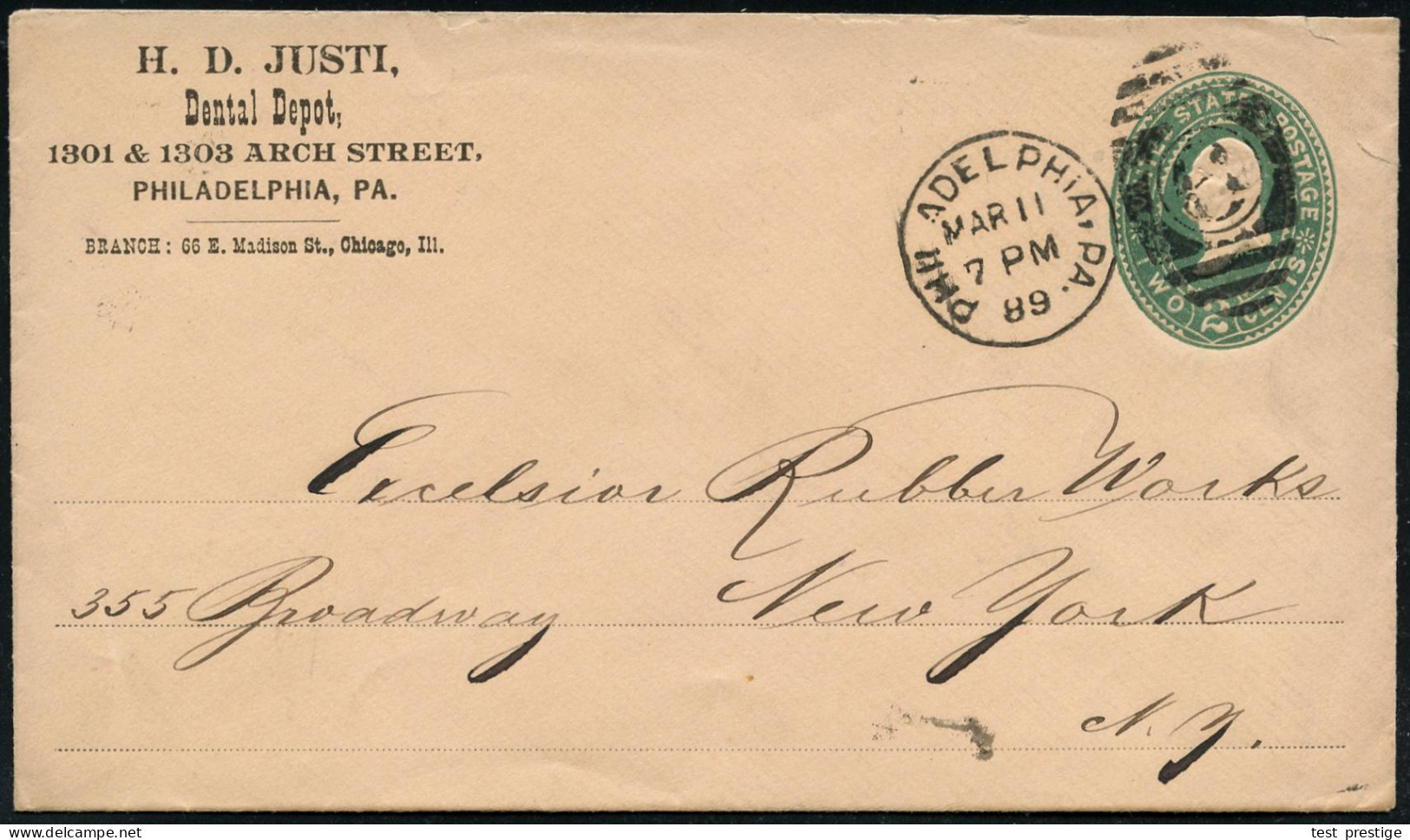 U.S.A. 1889 (11.3.) PU 2 C. Washington, Braunrot: H.D. JUSTI, Dental Depot..  PHILADELPHIA, PA , Sauber Gest. Inl.-Bf.,  - Médecine