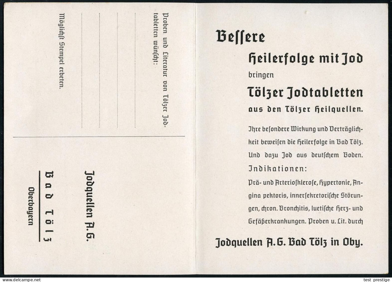 BAD TÖLZ/ *1*/ GEGEN/ ADERVER/ KALKUNG/ UND/ BLUTHOCHDRUCK../ KRANKENHEILER JODQUELLEN AG/ JOD-BAD TÖLZ.. 1936 (13.1.) S - Pharmazie
