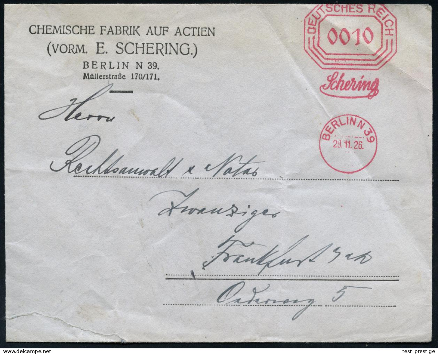 BERLIN N 39/ Schering 1926 (21.10.) AFS-Vorläufer "Bafra" , Achteck Mit Vertikalachse 0010 Pf. Vierstellig ("Schering" I - Pharmacy