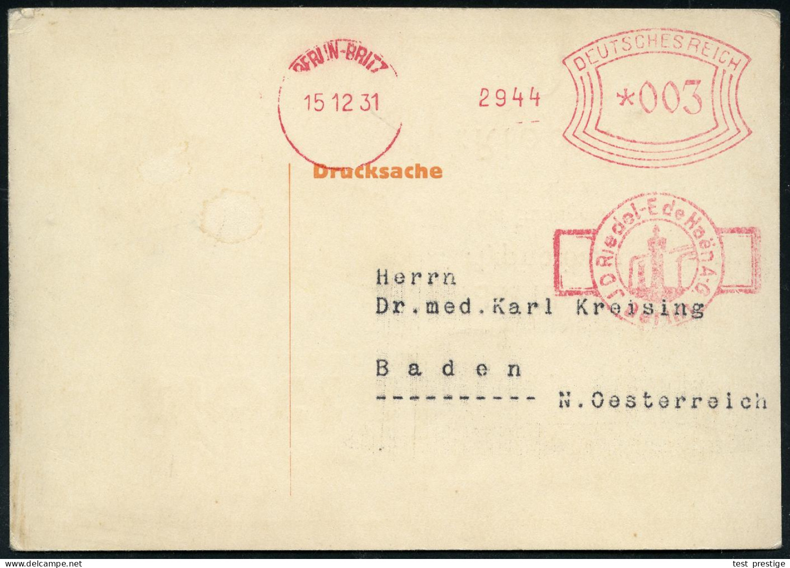 BERLIN-BRITZ/ J.D.RIEDEL A.-G. 1931 (15.12.) AFS Francotyp (Logo: Turm, Schlote) Zweifarbige Reklame-Kt.: Das Schlafmitt - Pharmazie