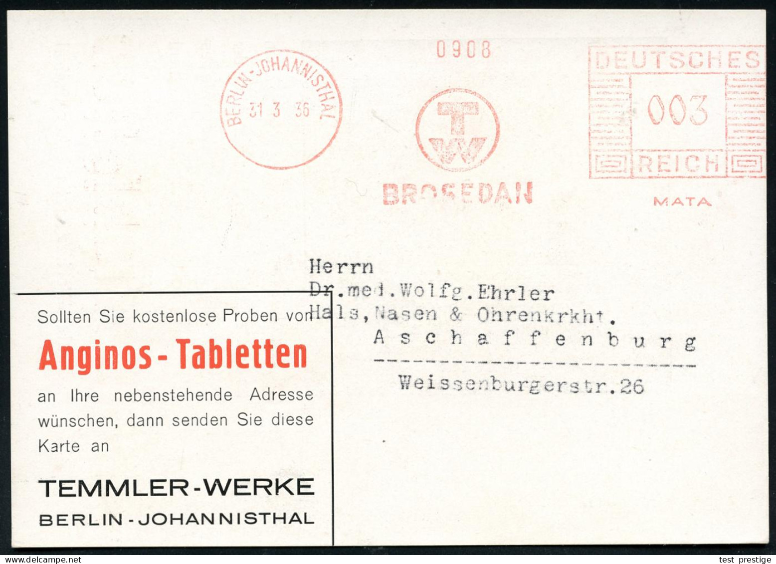 BERLIN-JOHANNISTHAL/ TW/ BROSEDAN/ MATA 1936 (31.3.) AFS Francotyp (Monogr.-Logo TW = Temmler-Werke) Künstler-Reklame-Kt - Farmacia