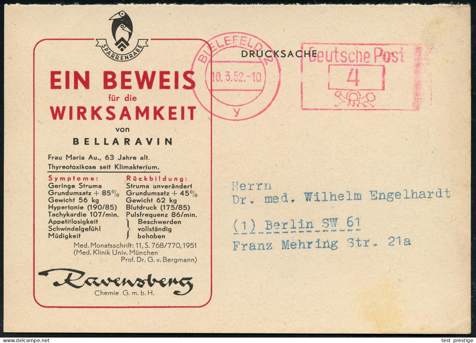 BIELEFELD 2/ Y/ Deutsche Post 1952 (10.3.) PFS "Posthorn" 4 Pf. Auf (halber) Zweifarbiger Reklame-Kt.: BELLARAVIN.. Rave - Pharmazie