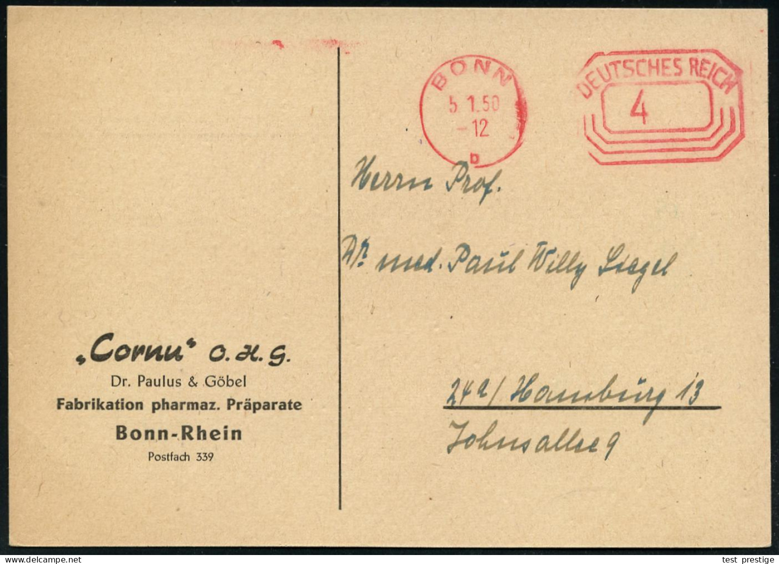 BONN/ B/ DEUTSCHES REICH 1950 (5.1.) PFS "Achteck" 4 Pf. Unverändert Weiterverwendet! , Reklame-Kt.: "CORNU" OHG, Dr. Pa - Farmacia