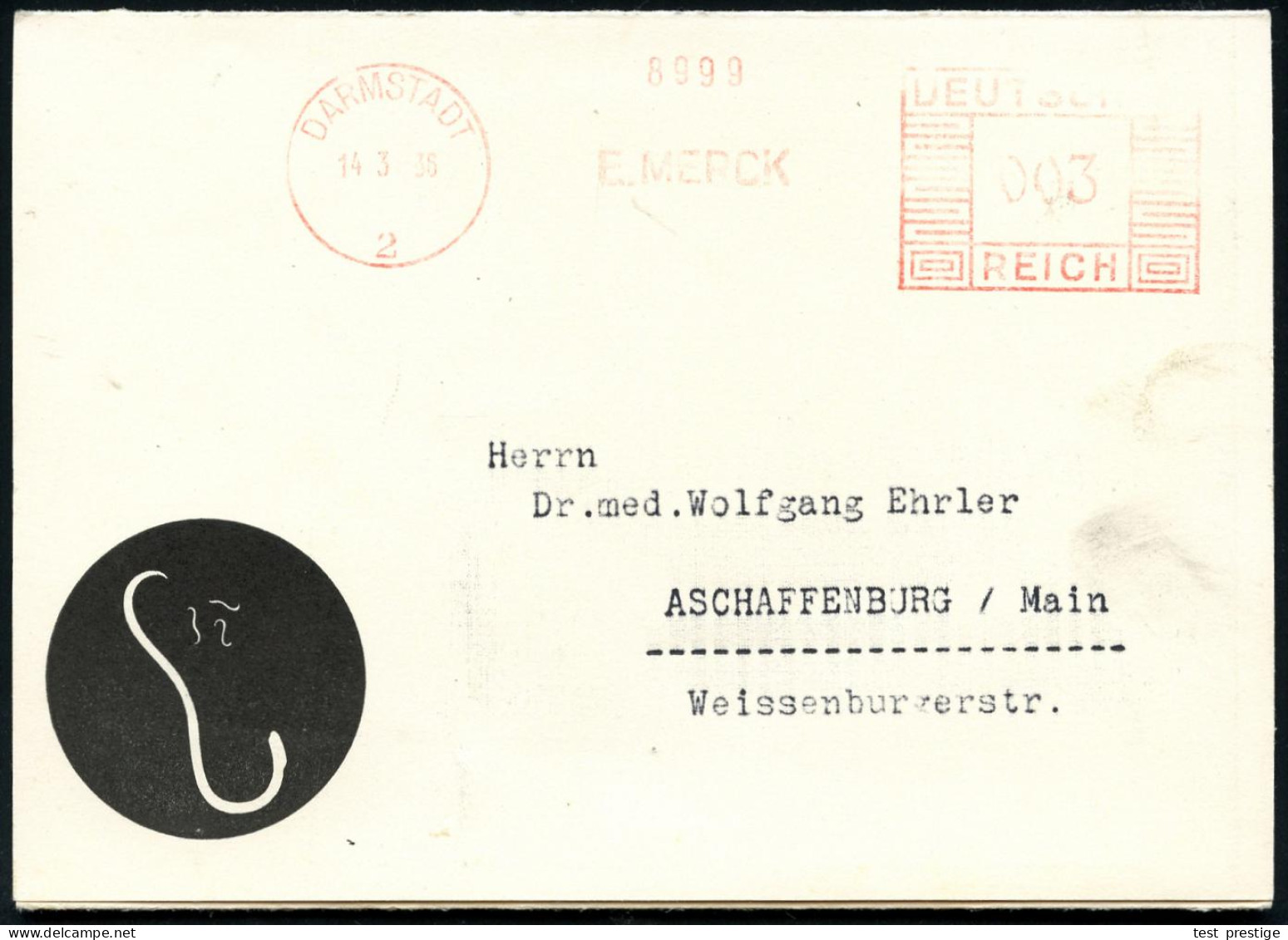 DARMSTADT/ 2/ E.MERCK 1933 (8.3.) AFS Francotyp (etw. Schwach) Auf Dreifach-Reklame-Kt.: Wurmkuren Mit HELMINAL.. Mit Sp - Pharmacie