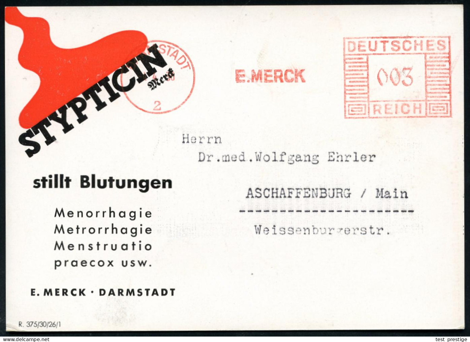 DARMSTADT/ 2/ E.MERCK 1936 (4.4.) AFS Francotyp Auf Zweifarbiger Reklame-Kt.: STYPTICIN Stillt Blutungen.., Rs. Eumenol  - Farmacia