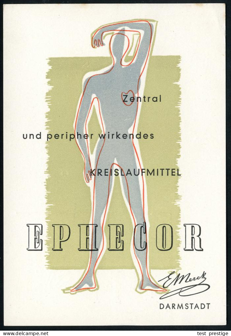 (16) DARMSTADT 2/ E Merck 1953 (3.6.) AFS Auf Color-Künstler-Reklame-Kt.: ..KREISLAUFMITTEL EPHECOR.. (Figur) Fern-Kt. ( - Pharmacie