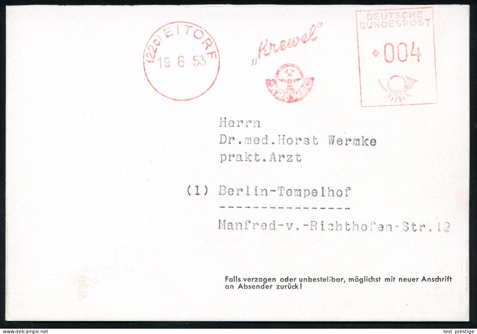 (22c) EITORF/ "Krewel".. 1953 (19.6.) AFS (Firmen-Logo) Auf (halber), Zweifarbiger Reklame-Kt.: Analgit.. (Packung, Flas - Pharmacy