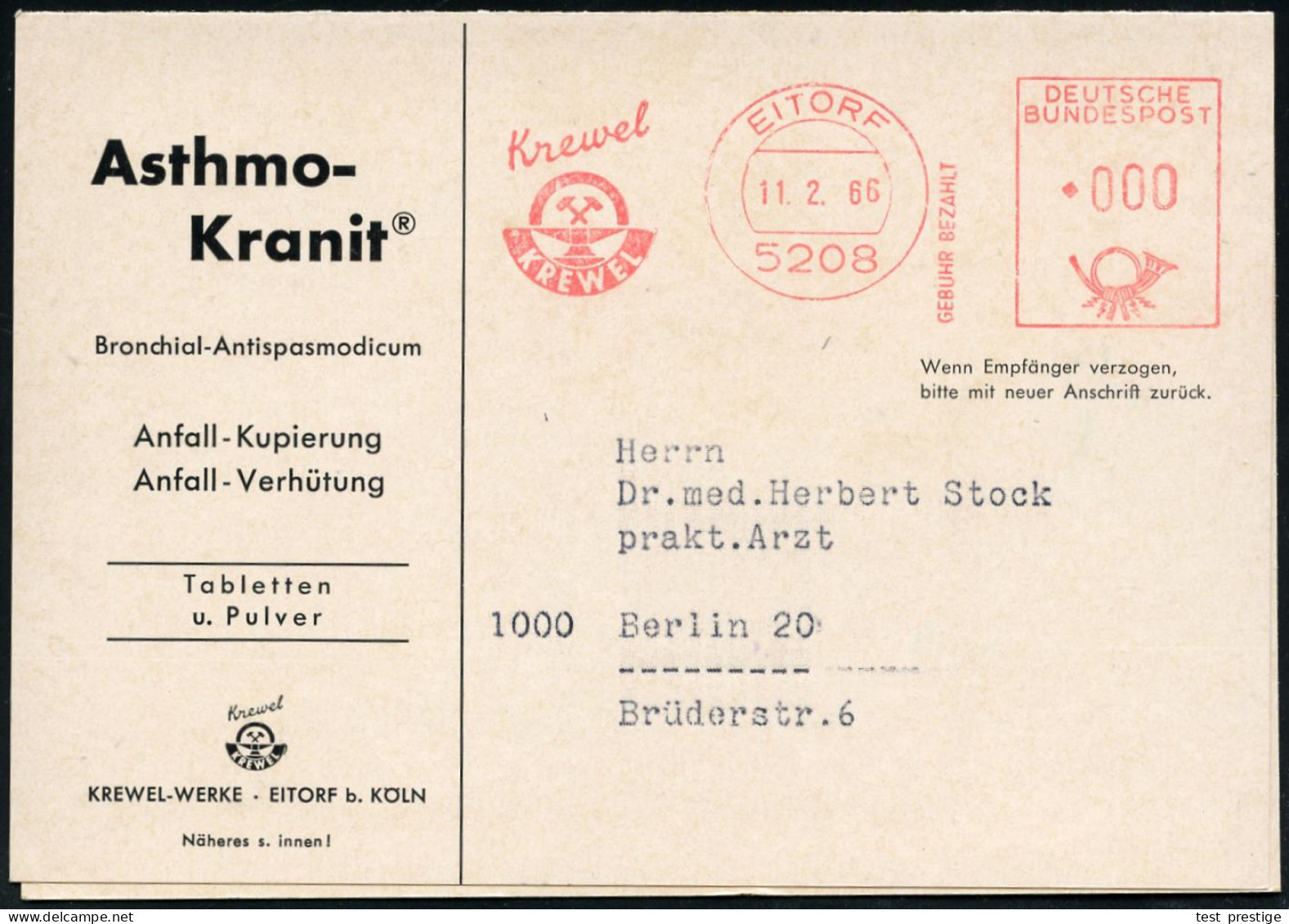 5208 EITORF/ GEBÜHR BEZAHLT/ Krewel.. 1966 (11.2.) AFS In 000 + GEBÜHR BEZAHLT = Massn-Drs. , Reklame-Klapp-Kt.: Asthmo- - Pharmacy