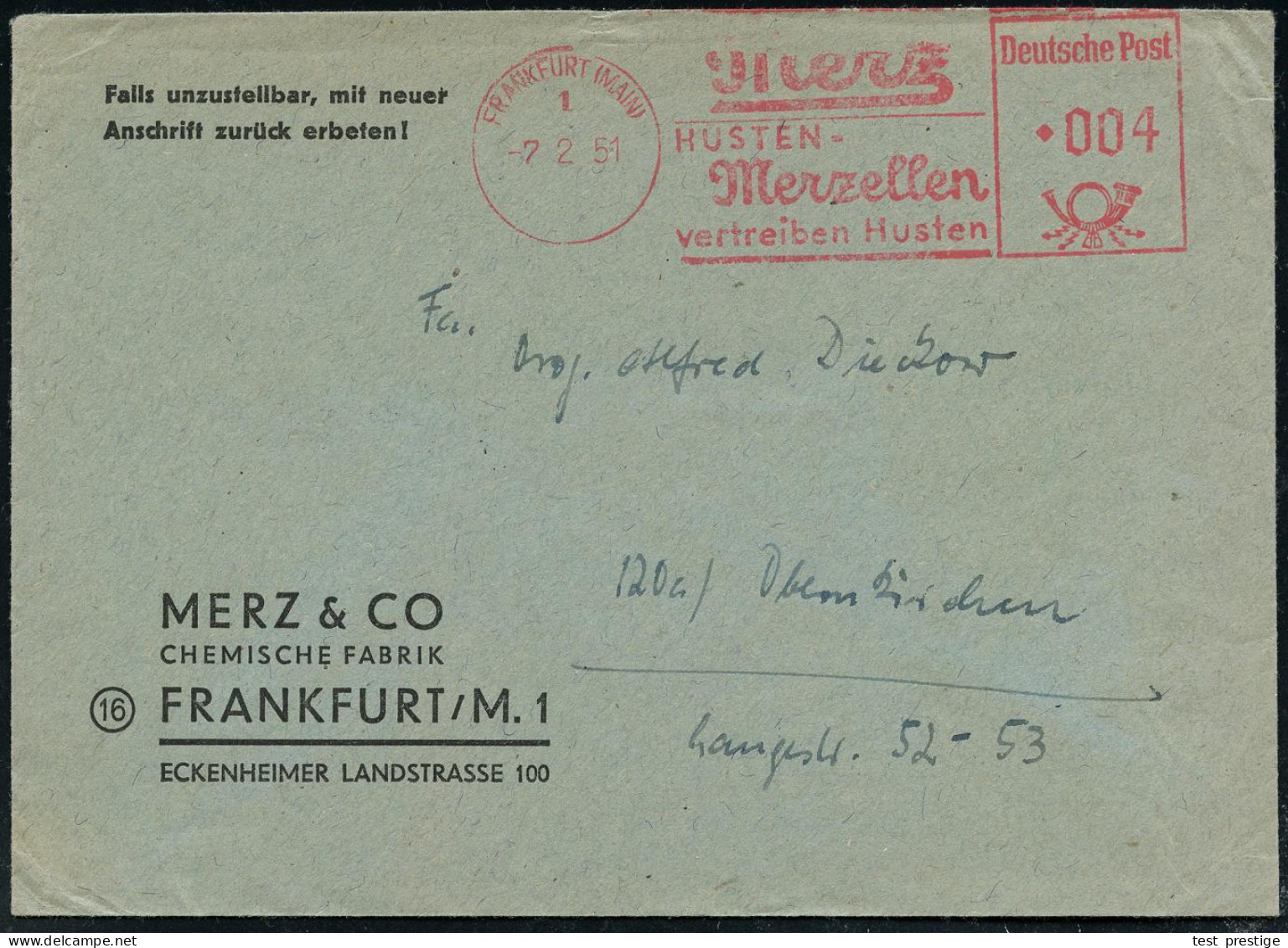 FRANKFURT (MAIN)/ 1/ Merz/ HUSTEN-/ Merzellen/ Vertreiben Husten 1951 (7.2.) Aptierter AFS = "STADT DES DEUTSCHEN HANDWE - Pharmacy