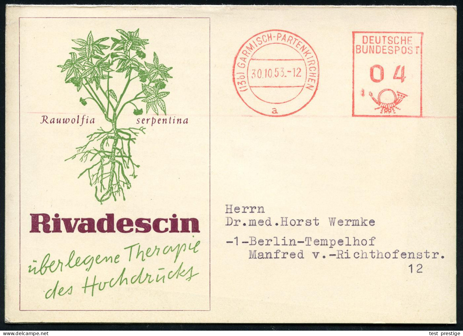 (13b) GARMISCH-PARTENKIRCHEN/ A/ DEUTSCHE/ BUNDESPOST 1953 (30.10.) PFS 04 Pf. Posthorn Auf Zweifarbiger Reklame-Klapp-K - Apotheek