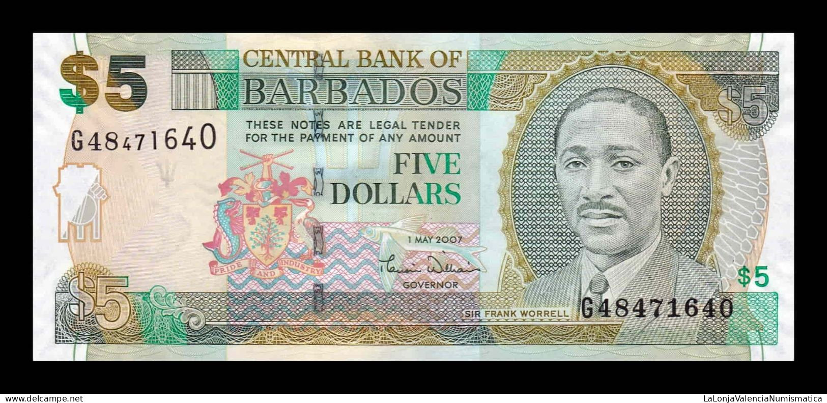 Barbados 5 Dollars 2007 Pick 67a Sc Unc - Barbados (Barbuda)