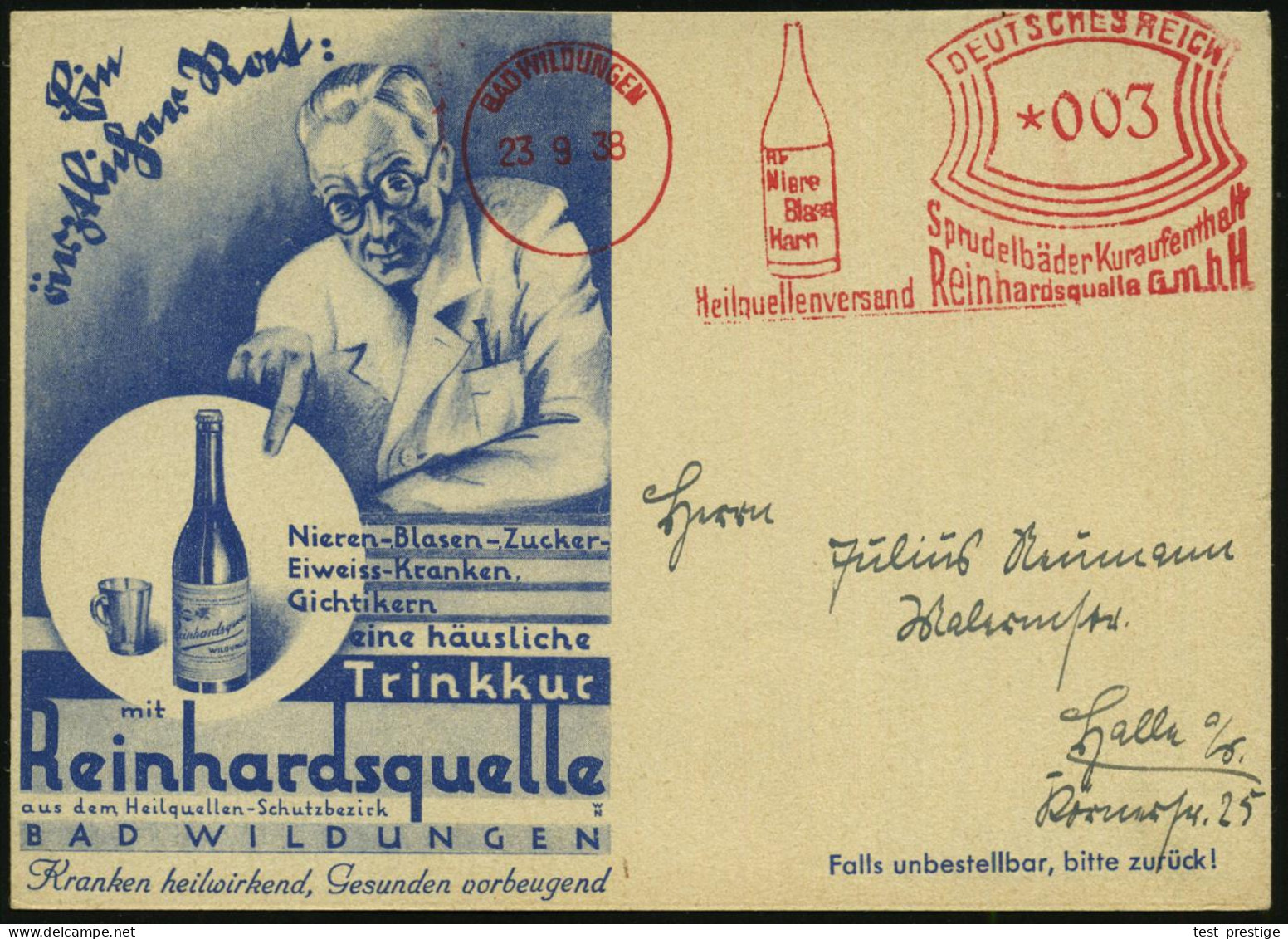 BAD WILDUNGEN/ Sprudelbäder Kur../ Für/ Niere/ Blase/ Harn/ Heilquellenversand Reinhardsquelle GmbH 1938 (23.9.) AFS Fra - Medizin