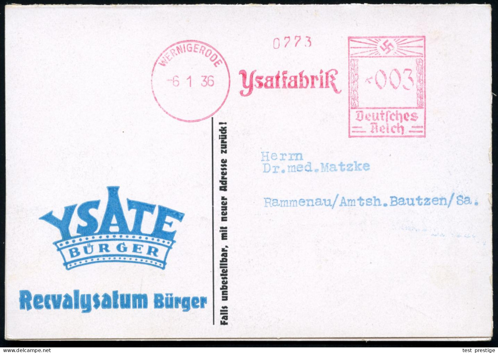 WERNIGERODE/ Ysatfabrik 1936 (6.1.) AFS Francotyp "Hakenkreuz" Auf Reklame-Klappkarte: YSATE BÜRGER, Recvalysatum Bürger - Medicine