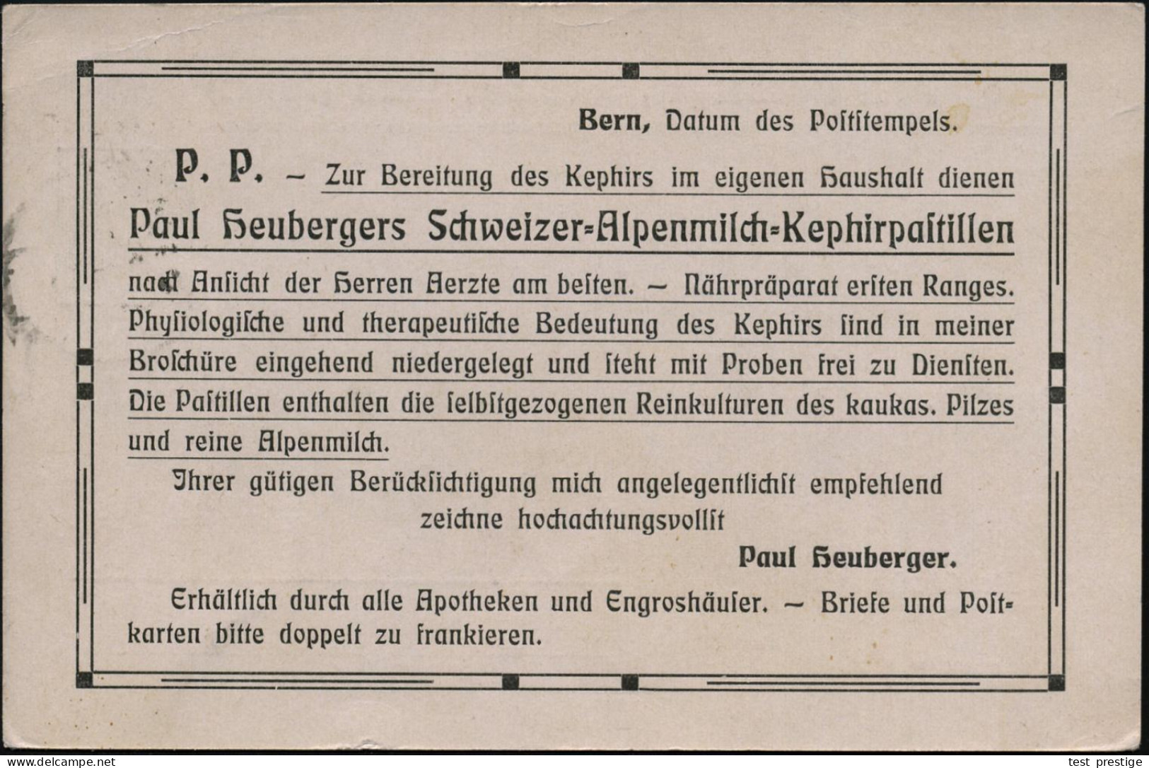 SCHWEIZ 1908 (11.5.) PP 5 C. Tellknabe Grün: Paul Heubergers.. Alpenmilch=Kephirpastillen.. Reinkulturen Des Kaukas. Pil - Medizin