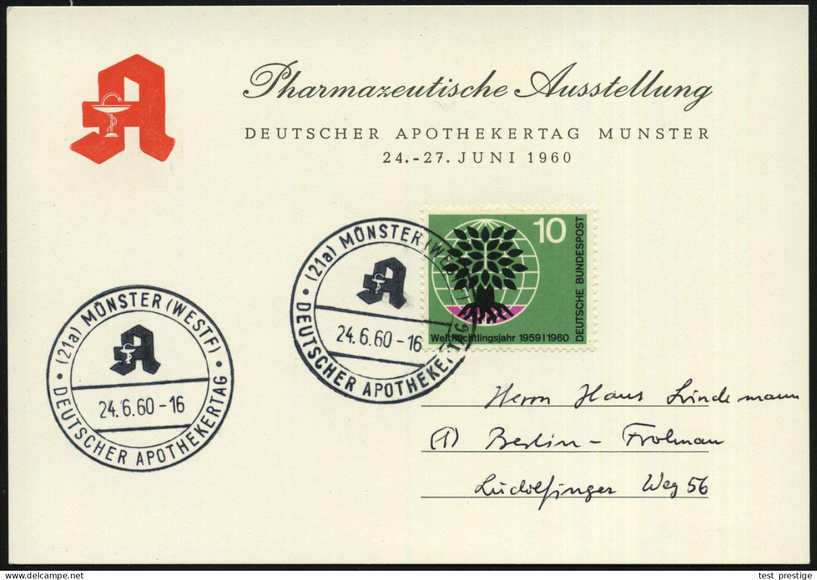 (21a) MÜNSTER (WESTF)/ DEUTSCHER APOTHEKERTAG 1960 (25.6.) SSt (Monogr.-Logo "A") 2x Klar Auf Motivgl. Inl.-Sonderkarte: - Farmacia