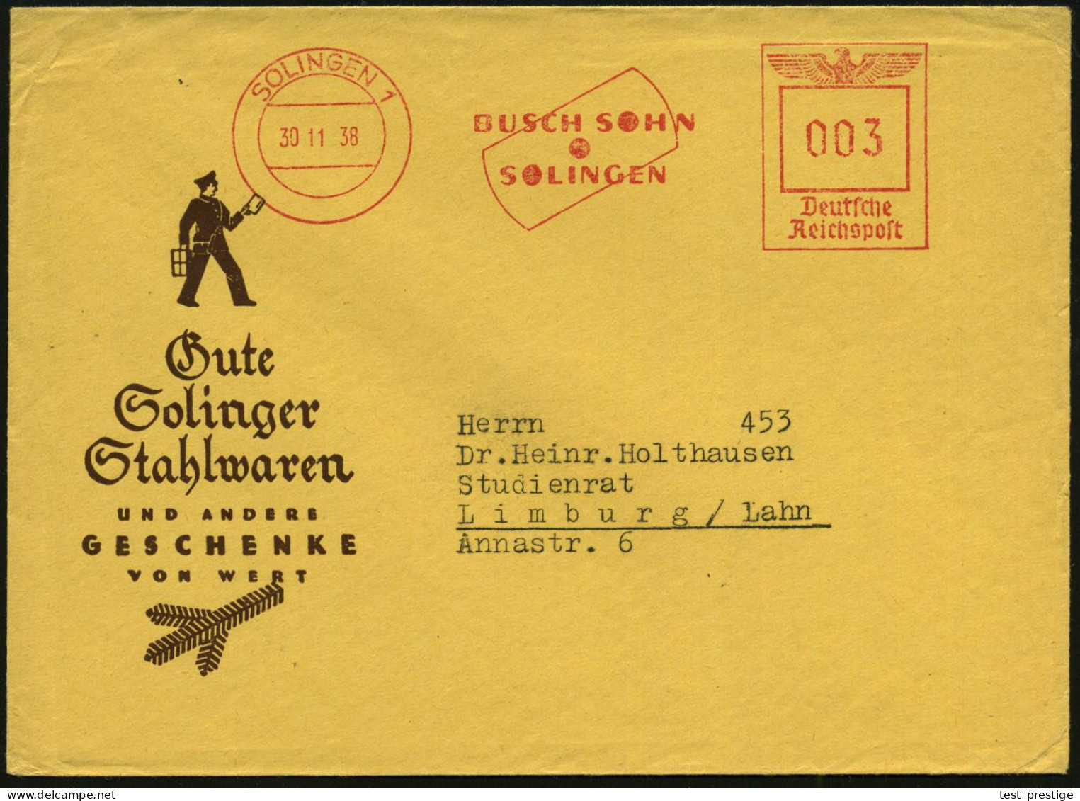 SOLINGEN 1/ BUSCH SOHN/ SOLINGEN 1938 (30.11.) AFS Francotyp (Rasierklinge) Rs. Rasierklingen-Weihnachts-Reklame, Klar G - Pharmazie