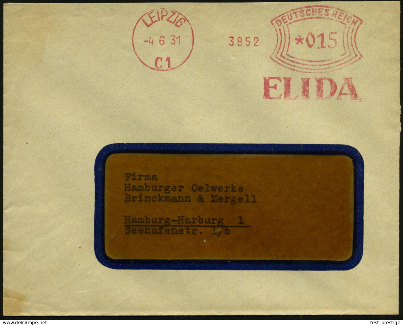 LEIPZIG/ C1/ ELIDA 1931 (4.6.) AFS Francotyp , Rs. Abs.-Vordruck: Parfümerie Elida AG; Fernbf. (Dü.E-1Am) - KOSMETIK / P - Usados