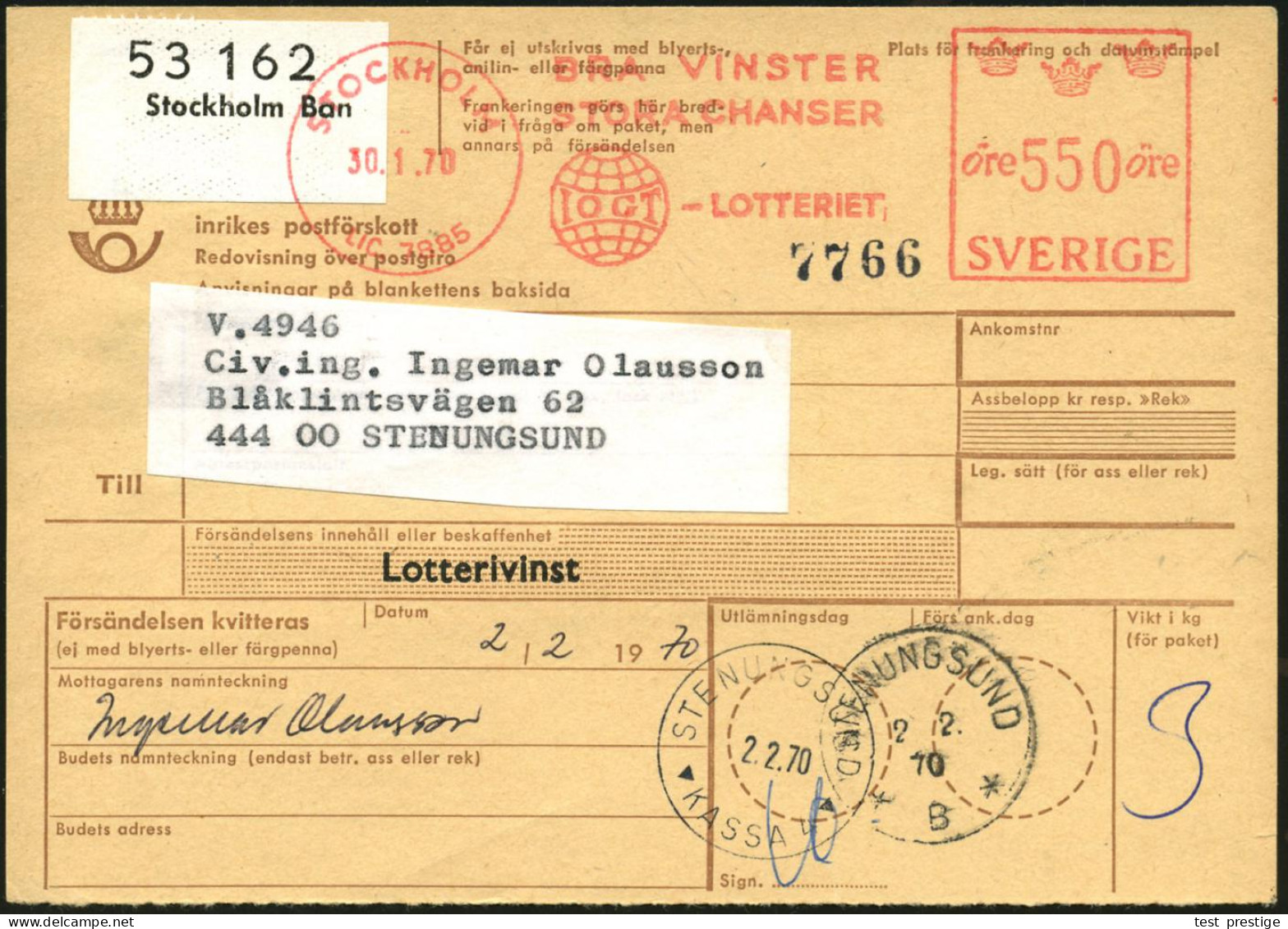 SCHWEDEN 1970 (30.1.) AFS: STOCKHOLM/LIC.7885/BRA VINSTER/STORA CHANSER/IOGT-LOTTERIET (Logo IOGT) = I.O.G.T.-Lotterie D - Drogue