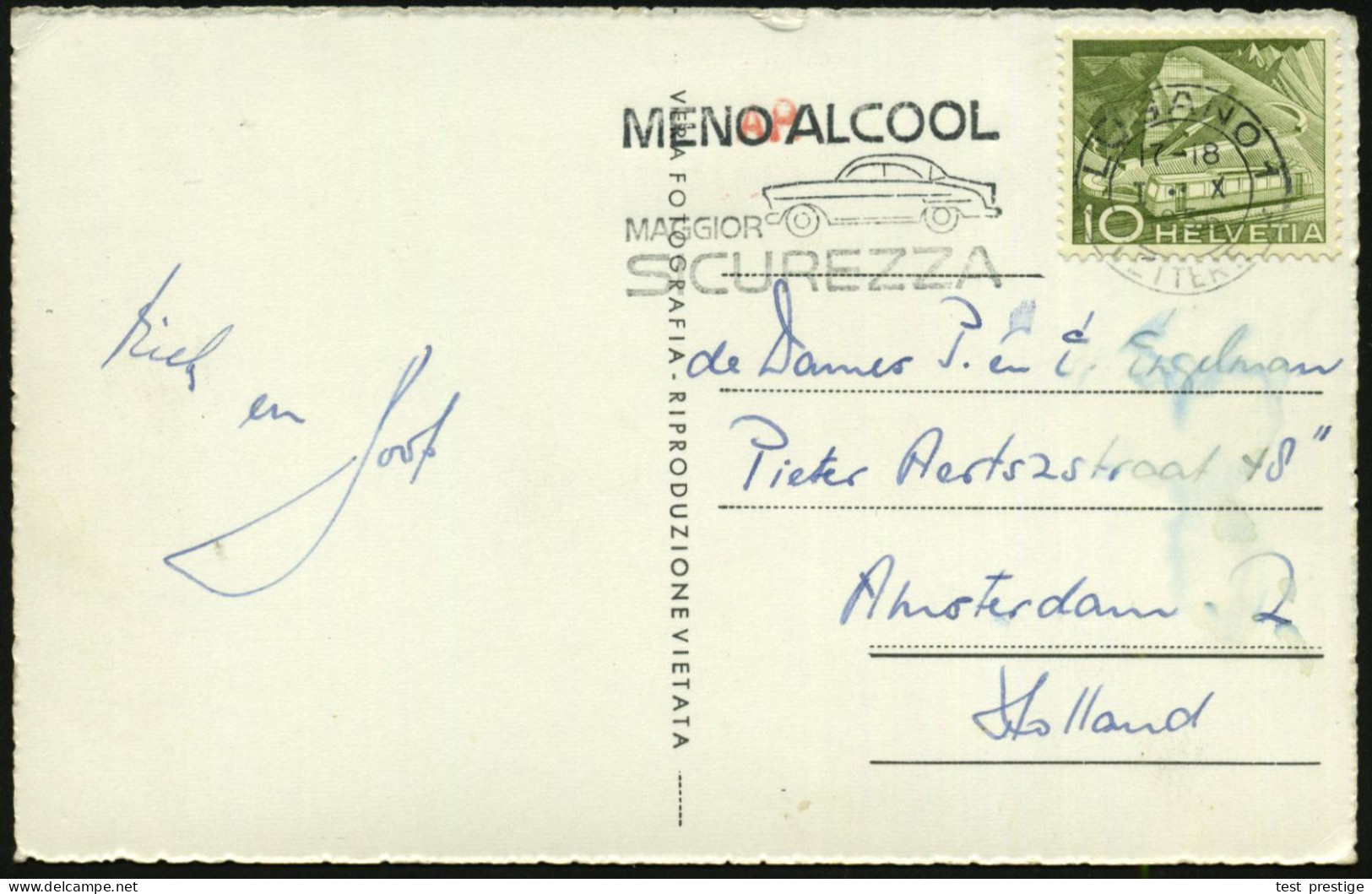 SCHWEIZ 1956 (1.10.) MWSt: LUGANO 1/MENO ALCOOL/MAGGIOR/SICUREZZA (PKW) + Transorma-Eingangscodierung "A R" (Amsterdam), - Drogen