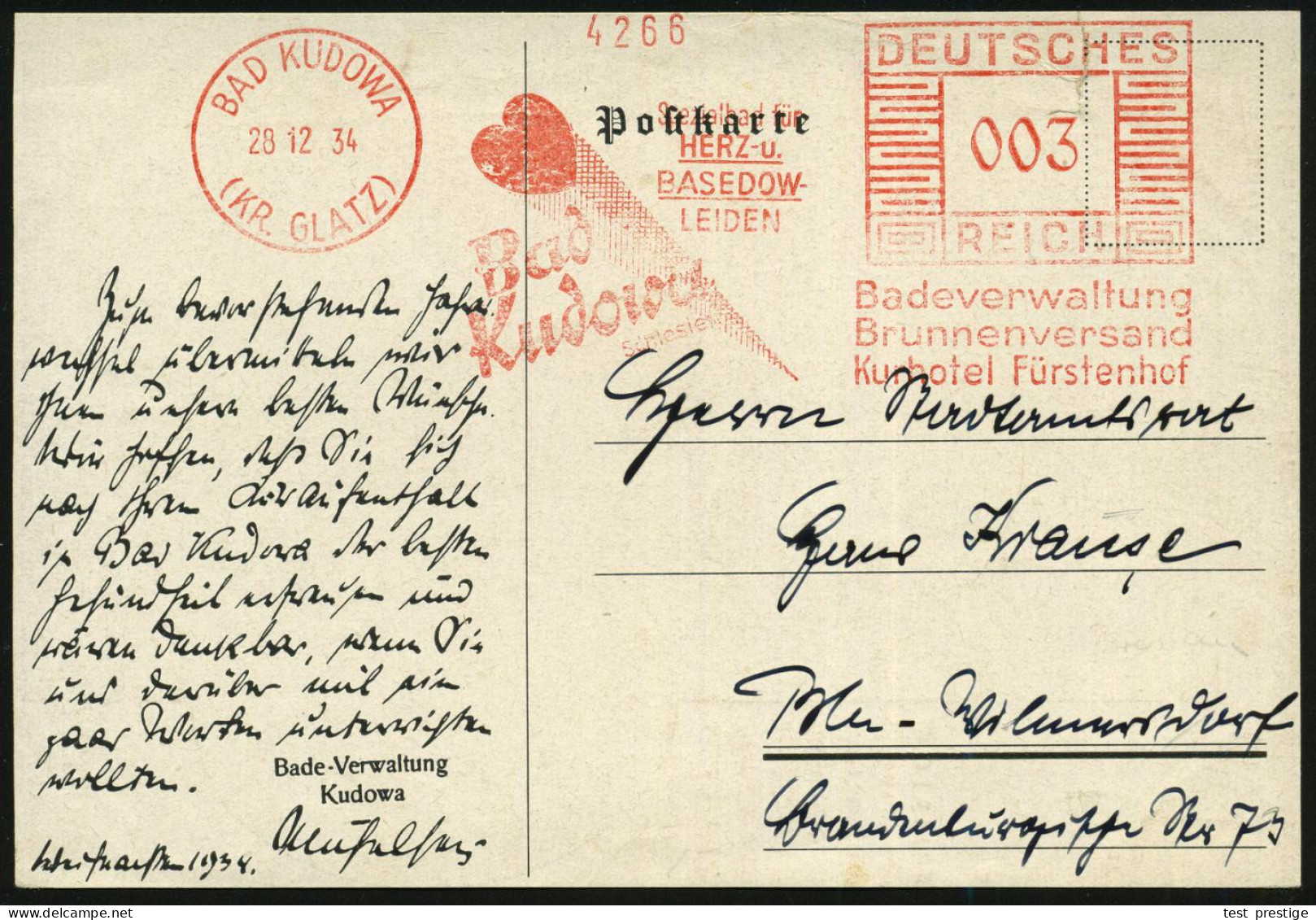 BAD KUDOWA/ (KR.GLATZ)/ Spezialbad Für/ HERZ-u./ BASEDOW-/ LEIDEN/ Badeverw./ Brunnenversand/  Kurhotel.. 1934 (28.12.)  - Medizin