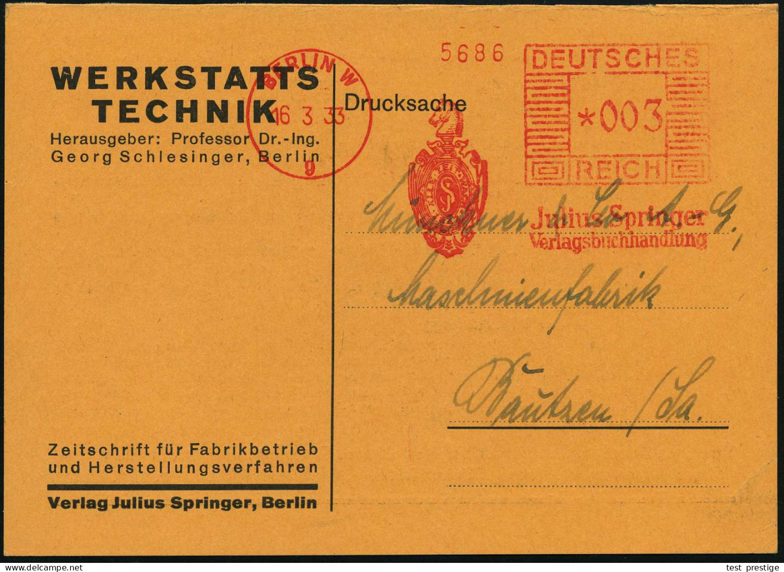 BERLIN W/ 9/ ALLE ZEIT WACH/ 1842/ Julius Springer/ Verlagsbuchhandlung 1933 (16.3.) AFS Francotyp "Mäanderrechteck" Mit - Chess