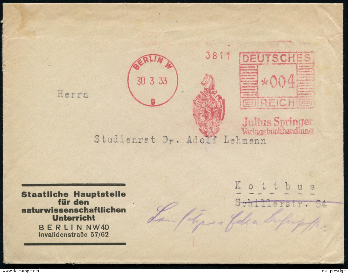 BERLIN W/ 9/ ALLE ZEIT WACH/ Julius Springer/ Verlagsbuchhandlung 1933 (30.3.) AFS Francotyp "Mäanderrechteck" (Firmen-L - Echecs