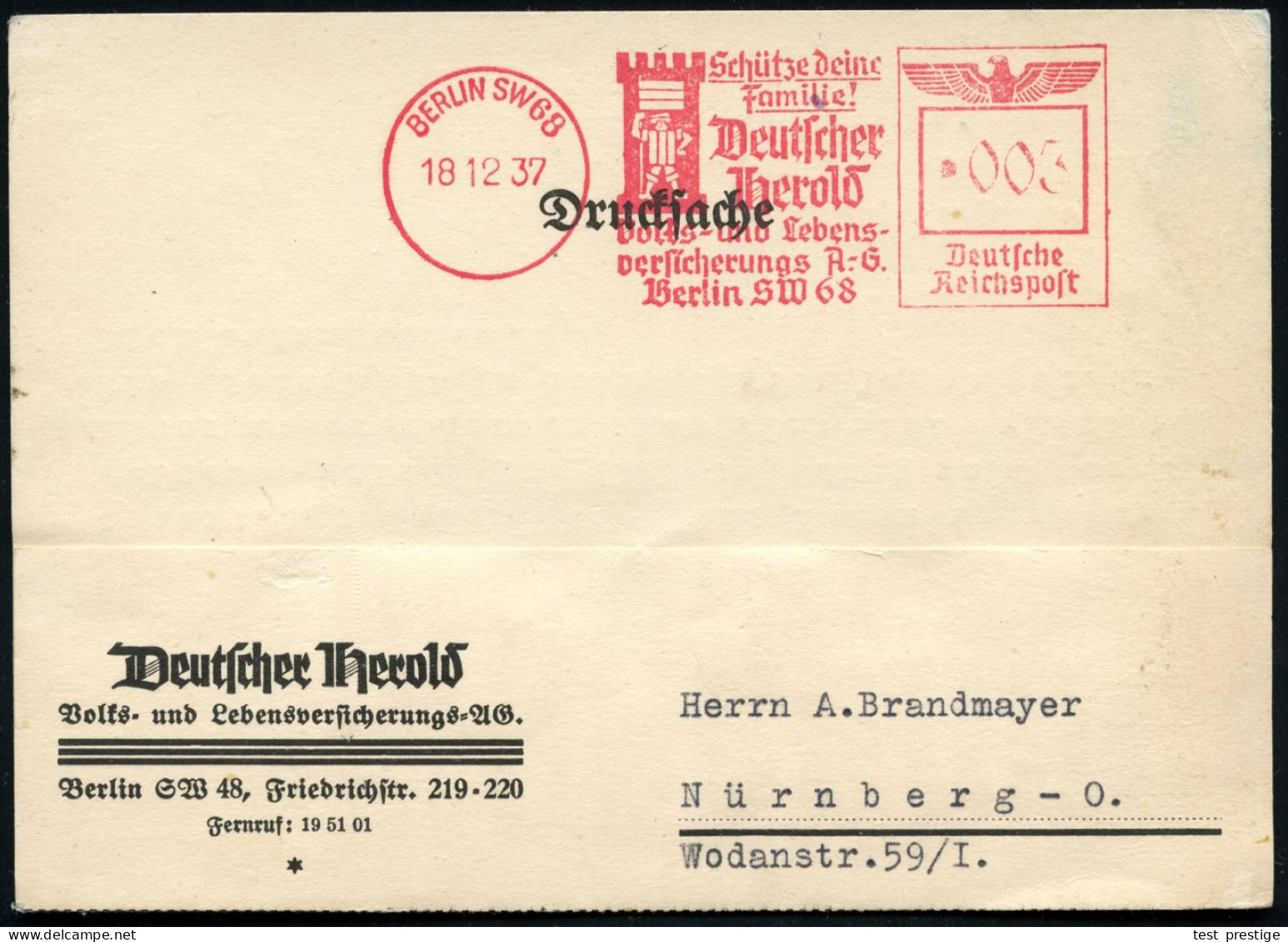 BERLIN SW68/ ..Deutscher/ Herold/ Volks-u.Lebens-/ Versicherungs AG. 1938 (21.2.) AFS Francotyp "Reichsadler" = Läufer U - Schach