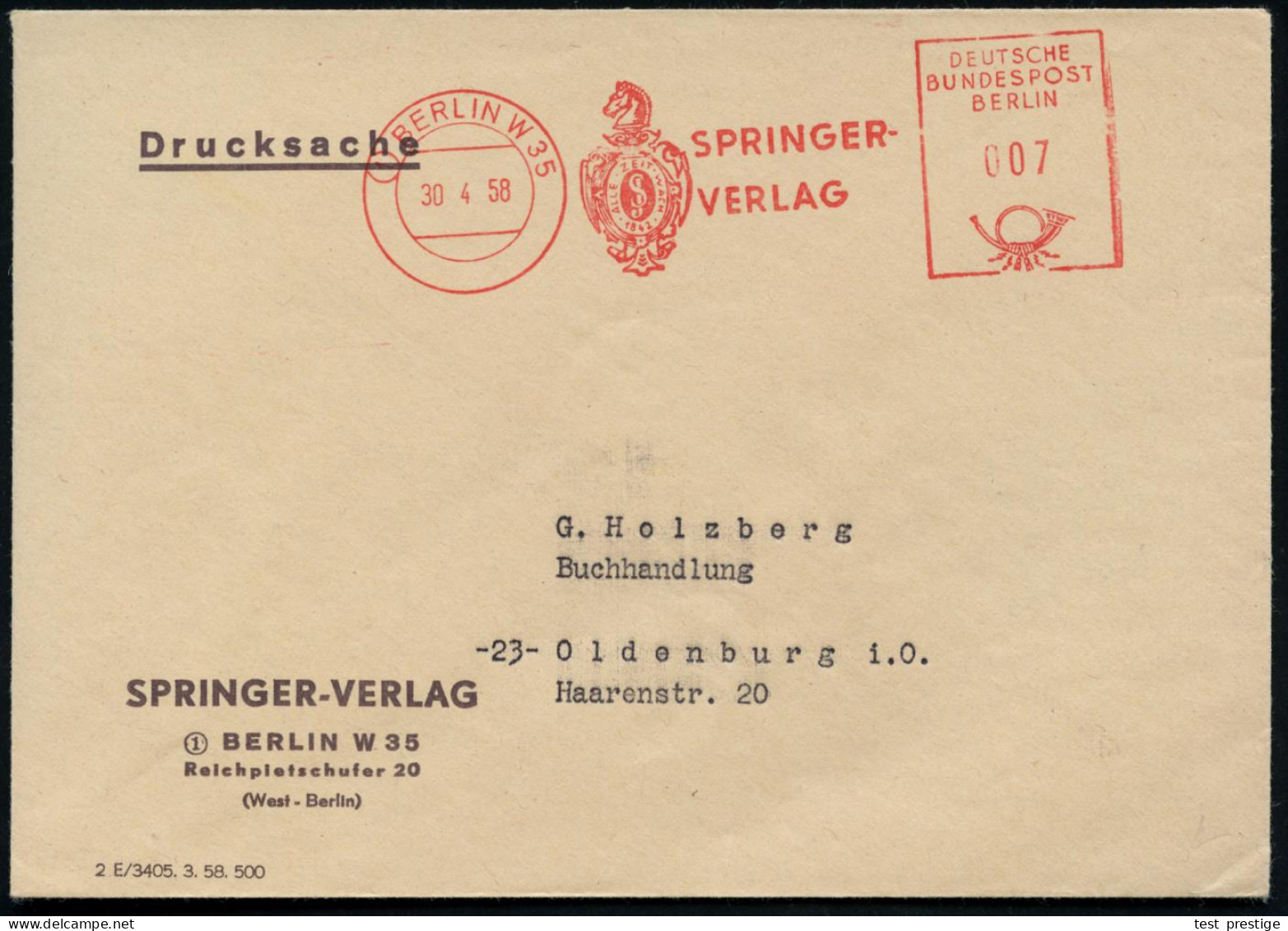 (1) BERLIN W35/ ALLE ZEIT WACH/ SPRINGER-/ VERLAG 1958 (30.4.) AFS Postalia "Posthorn" (Firmen-Logo) = Springer , Klar G - Chess