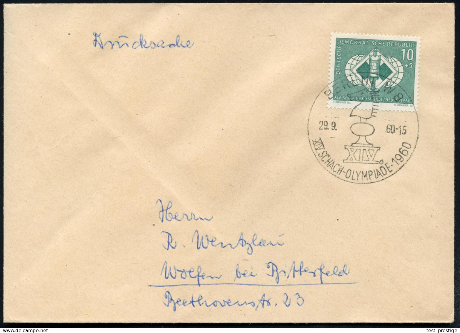 BERLIN W 8/ XIV.SCHACH-OLYMPIADE 1960 (29.9.) SSt = Springer Auf Passender EF DDR 10 + 5 Pf. Schach-Olympia (Mi.786/EF)  - Chess