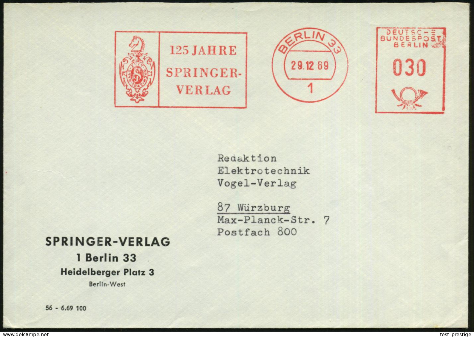 1 BERLIN 33/ 125 JAHRE/ SPRINGER-/ VERLAG 1969 (29.12.) Jubil.-AFS Francotyp "Posthorn" (Firmen-Logo) = Springer , Klar  - Echecs