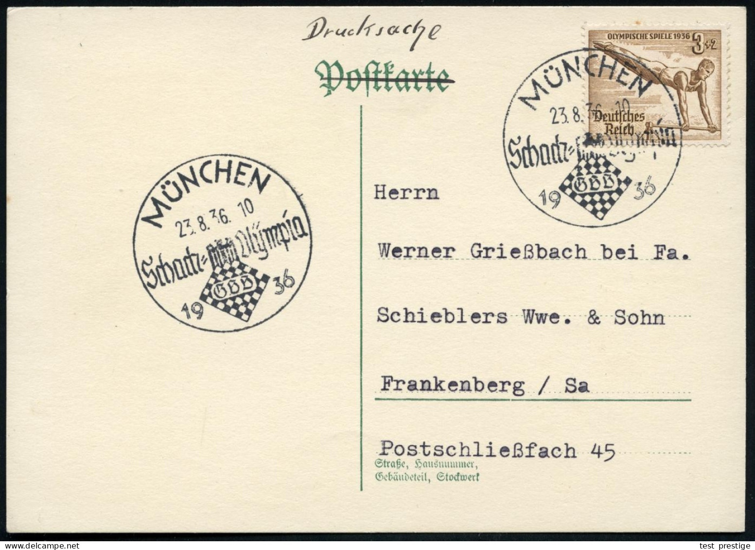 MÜNCHEN/ Schach-Olympia/ GSB 1936 (23.8.) SSt = Schachbrett (u. Monogramm) Auf EF 3 + 2 Pf. Olympia (Mi.609 EF) Inl.-Kt. - Chess