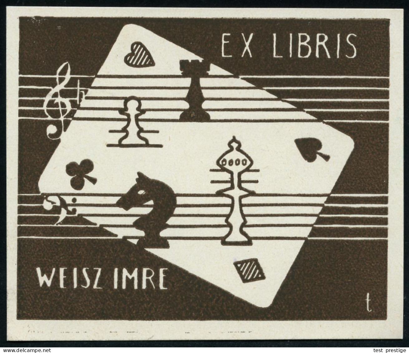 UNGARN 1950 (?) Orig. Ex Libris Für WEISZ IMRE Mit Schach-Figuren (u. Spielkarte) Rs. Orig. Signatur Des Künstlers "T&oa - Echecs