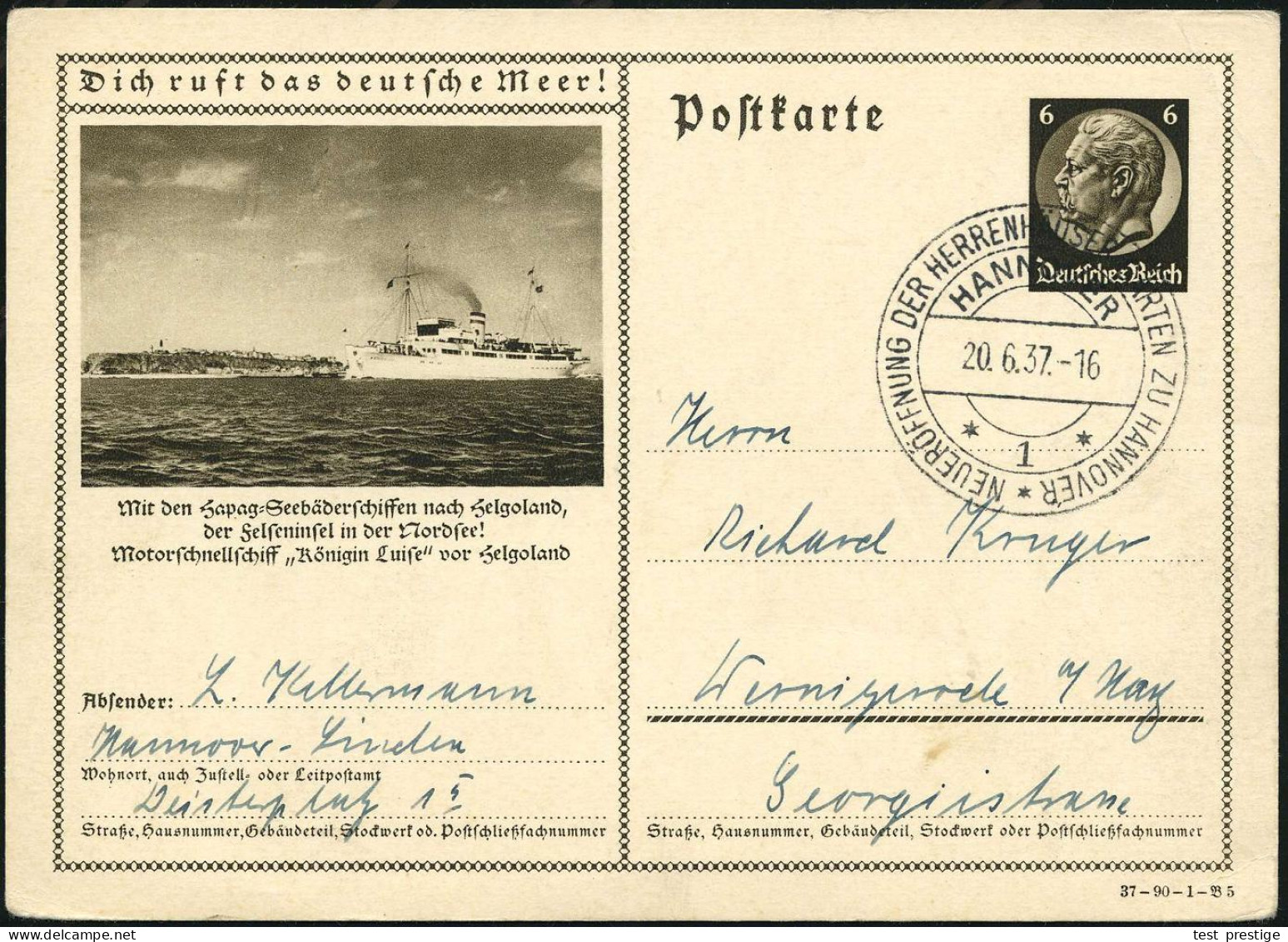 Helgoland 1937 (20.6.) 6 Pf. BiP Hindenbg. ,braun, Sonderform "Dich Ruft Das Deutsche Meer!" , Fähre (MS "Königin Luise" - Maritime