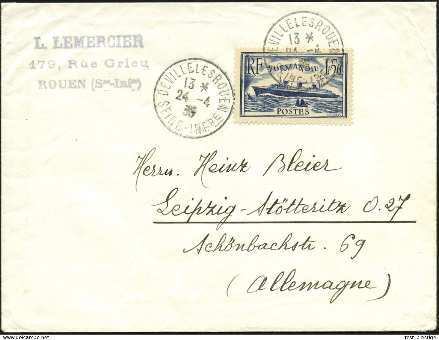 FRANKREICH 1935 (24.4.) 1,50 F. Indieststellung "Normandie", EF , Klar Gest. Ausl.-Bf. N. Leipzig, Vergl. Los 7885  (Mi. - Schiffahrt